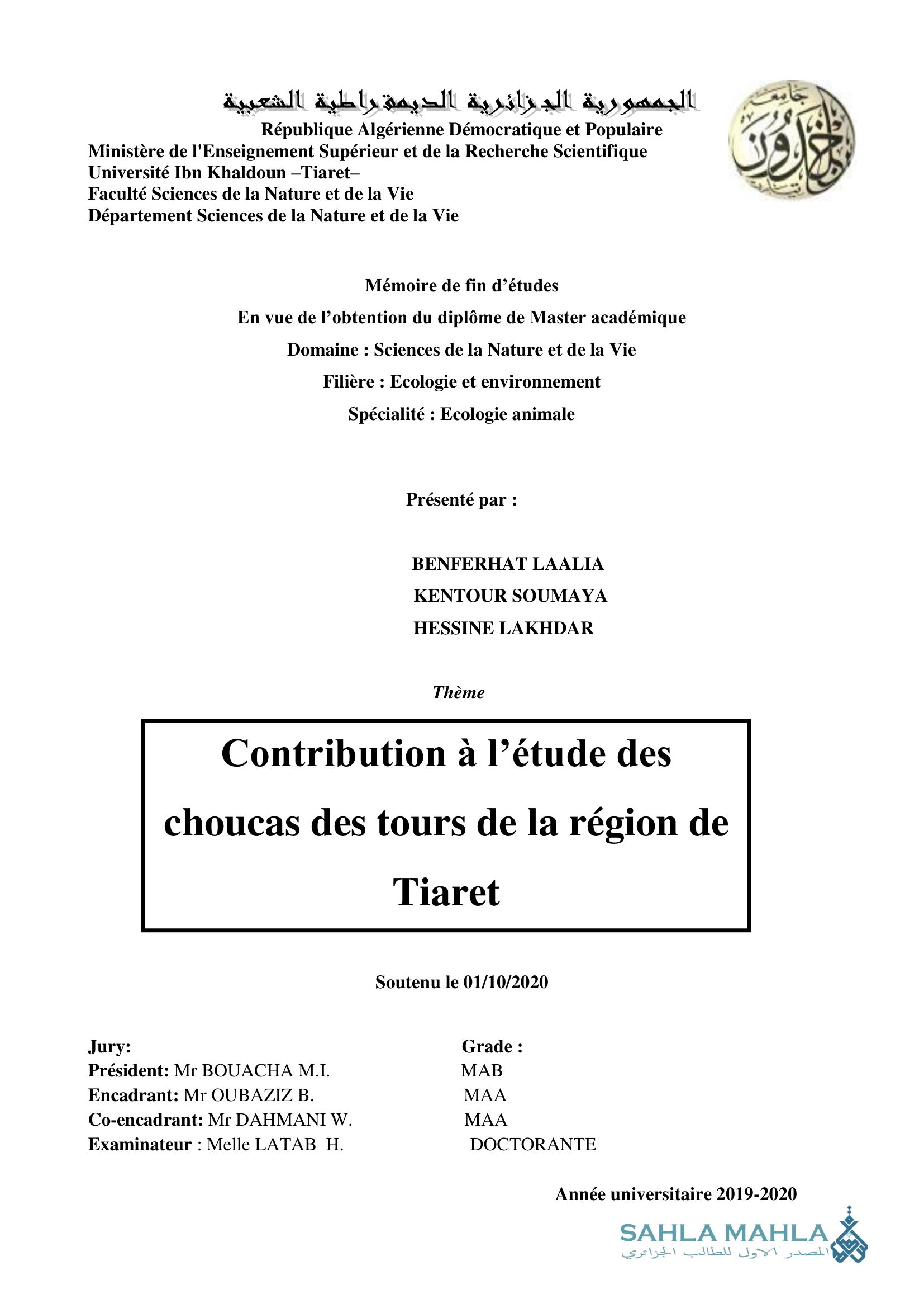 Contribution à l'étude des choucas des tours de la région de Tiaret