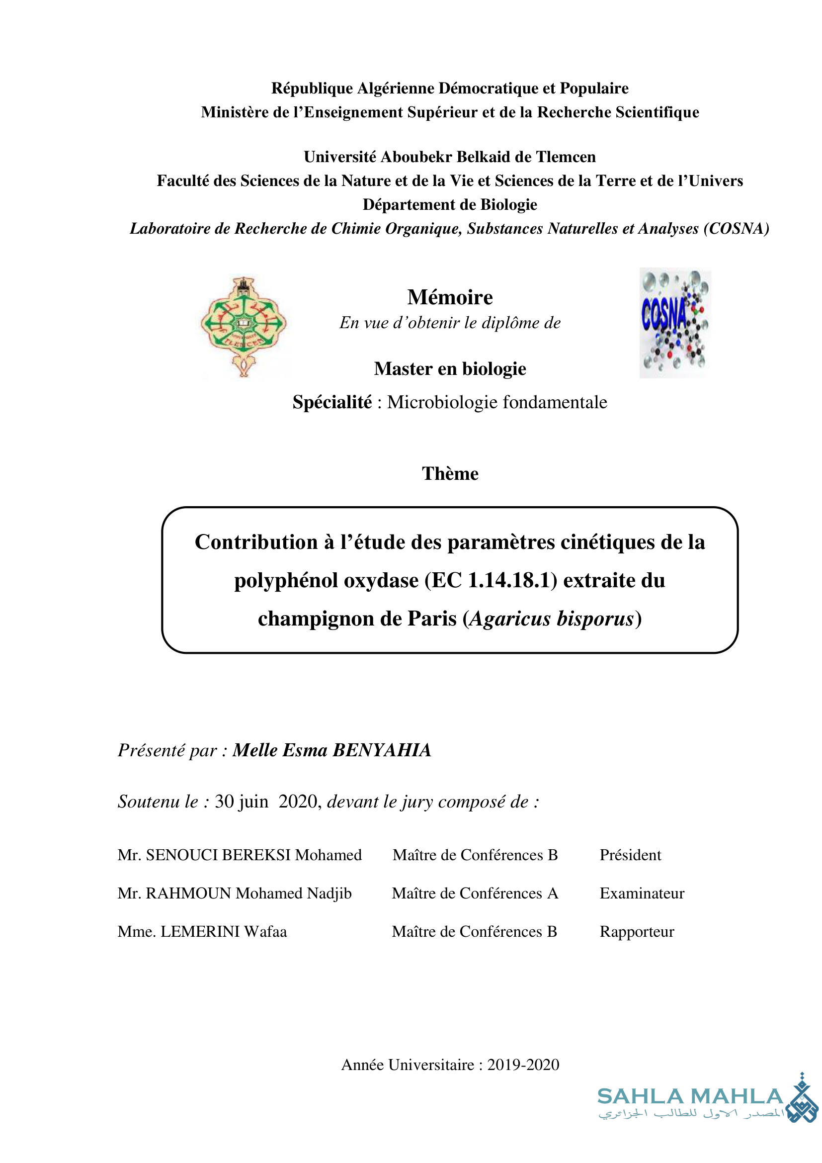 Contribution à l'étude des paramètres cinétiques de la polyphenol oxydase (EC 1.14.18.1) extraite du champignon de Paris (Agaricus bisporus)