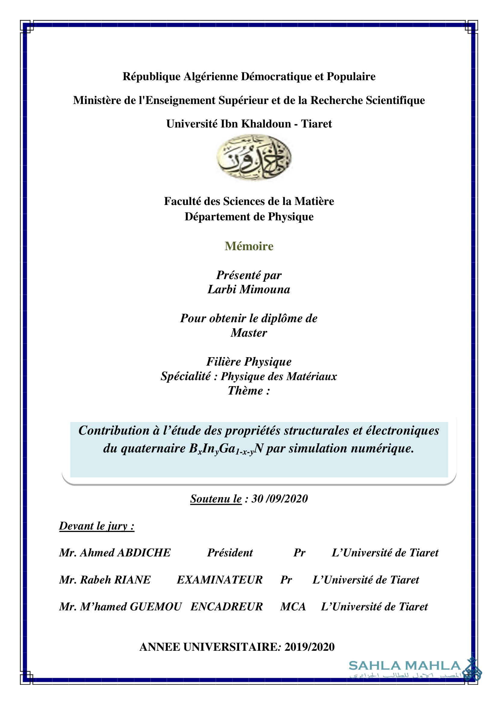 Contribution à l'étude des propriétés structurales et électroniques du quaternaire B ̧In Ga1-x-N par simulation numérique.
