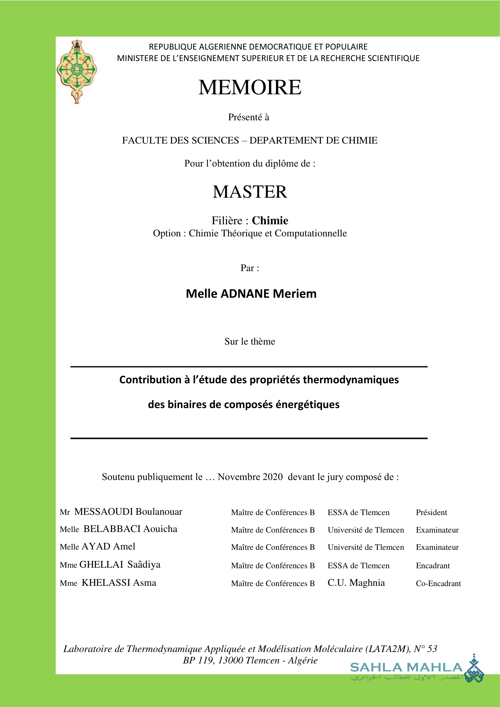 Contribution à l'étude des propriétés thermodynamiques des binaires de composés énergétiques