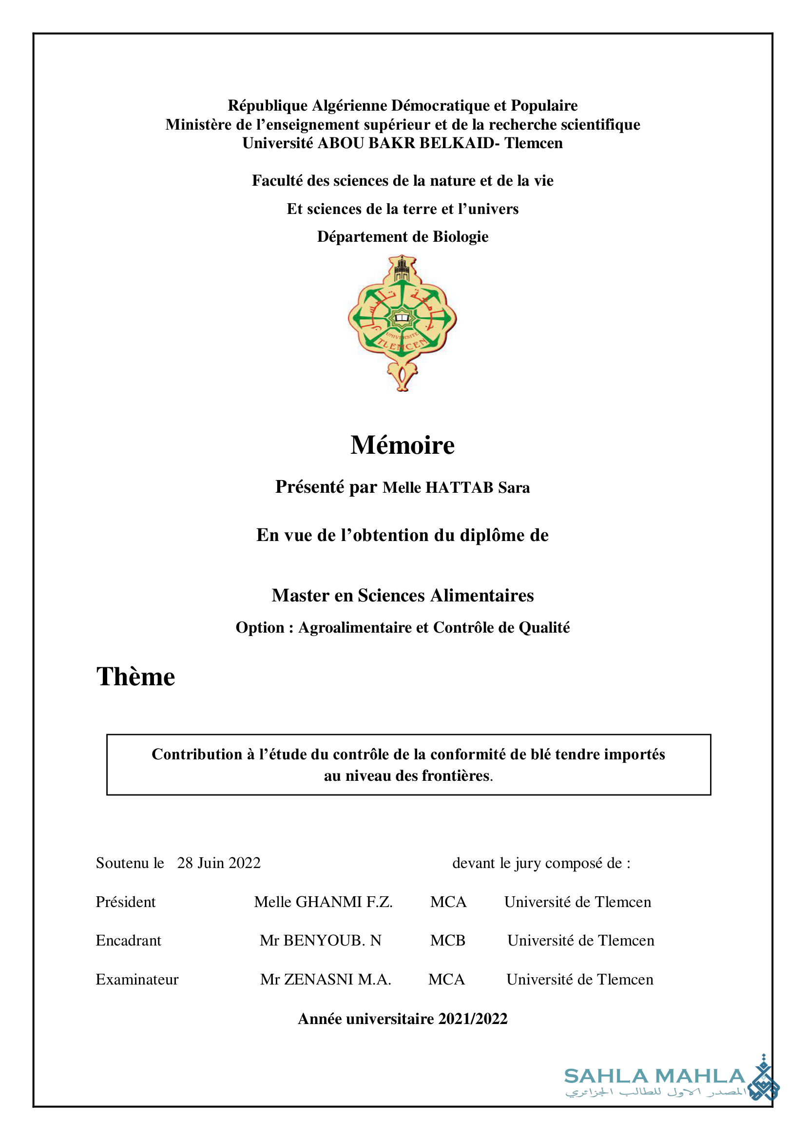 Contribution à l'étude du contrôle de la conformité de blé tendre importés au niveau des frontières.