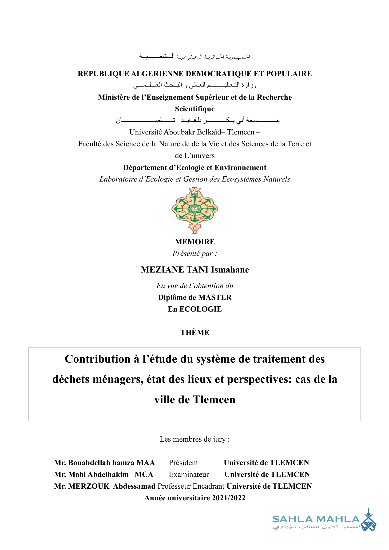 Contribution à l'étude du système de traitement des déchets ménagers, état des lieux et perspectives: cas de la ville de Tlemcen