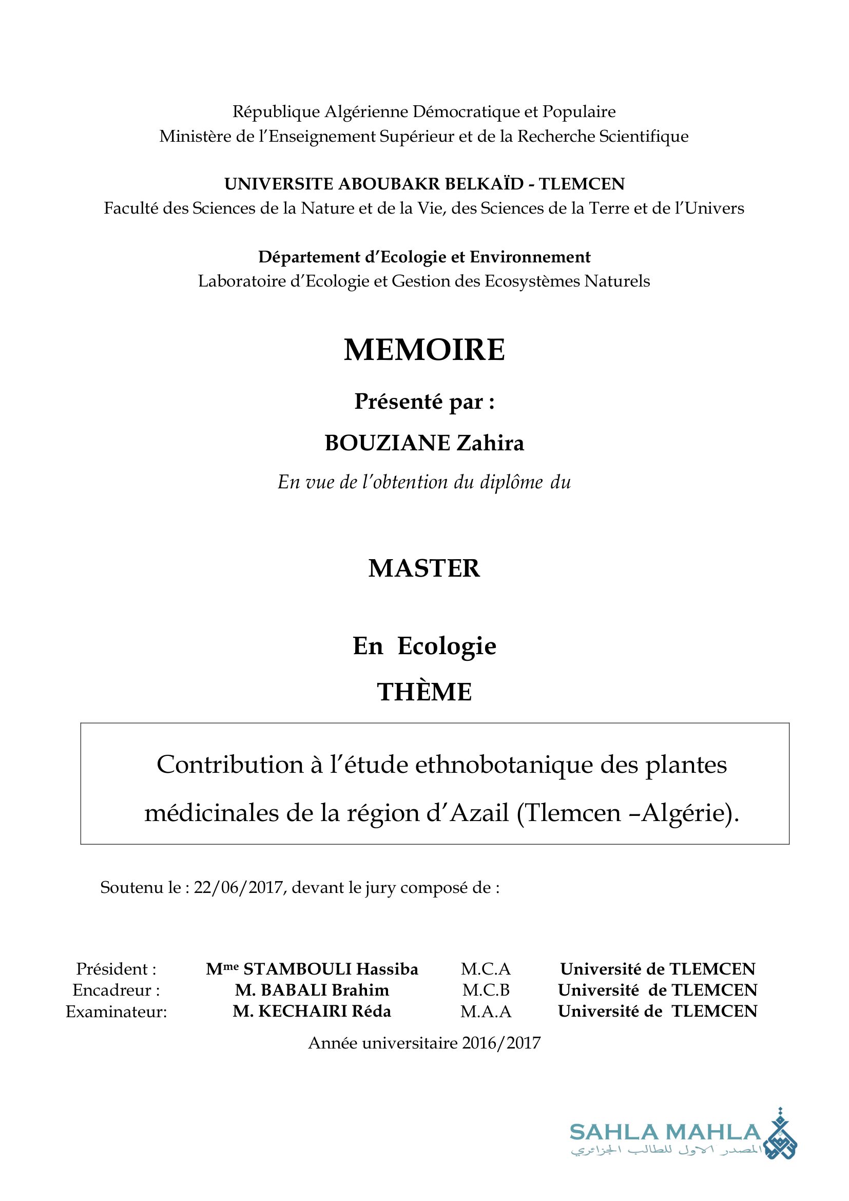 Contribution à l'étude ethnobotanique des plantes médicinales de la région d'Azail (Tlemcen -Algérie)
