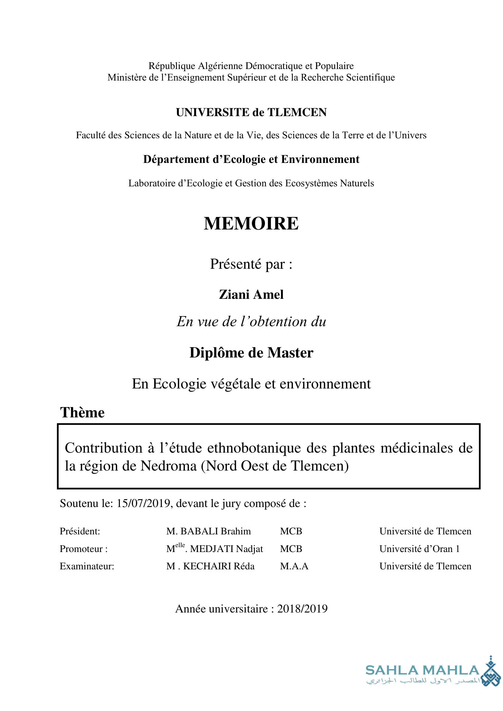 Contribution à l'étude ethnobotanique des plantes médicinales de la région de Nedroma (Nord Oest de Tlemcen)