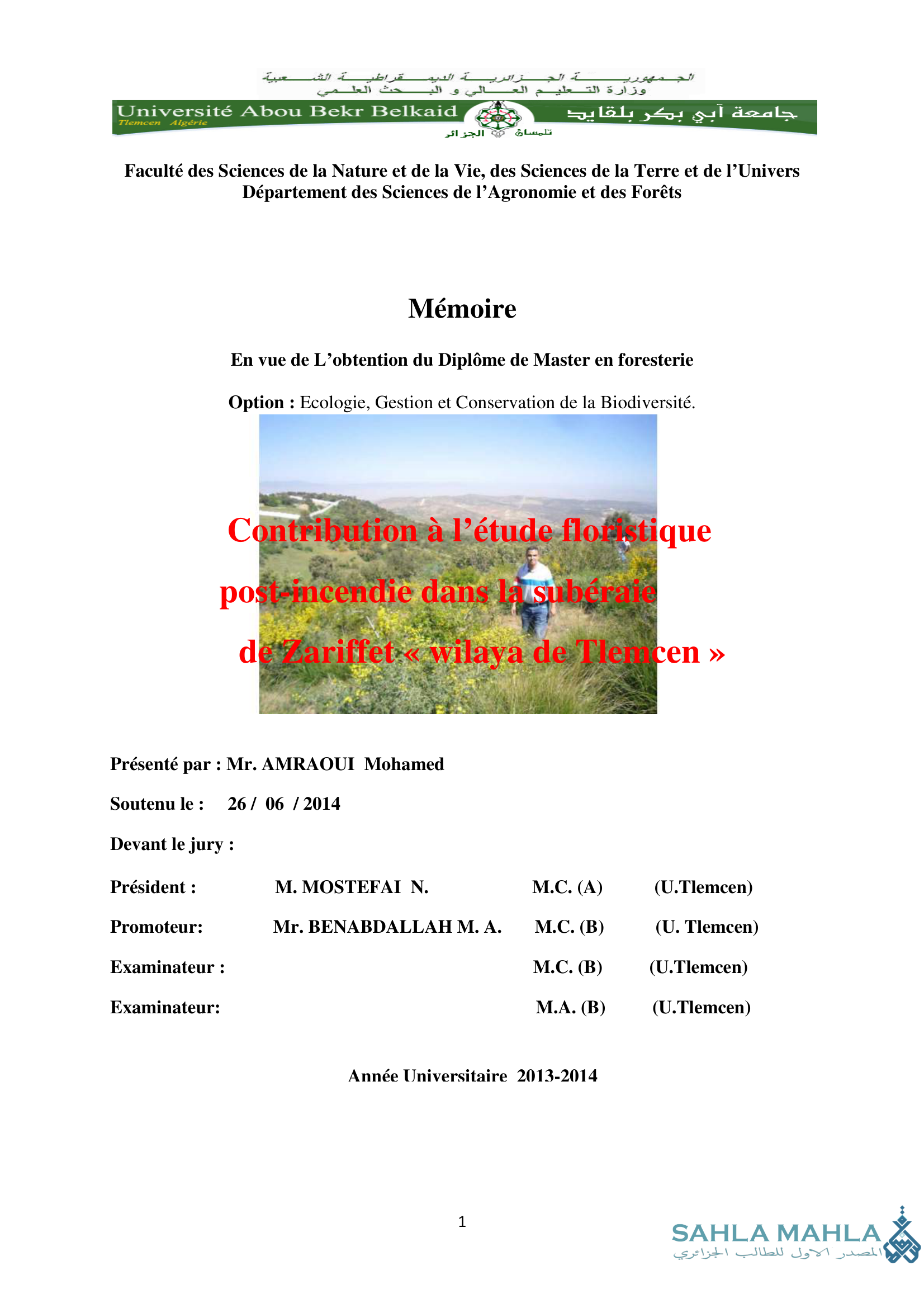 Contribution à l'étude floristique post incendie dans la subérate deariffet << wilaya de Tlemcen ><noscript><img decoding=