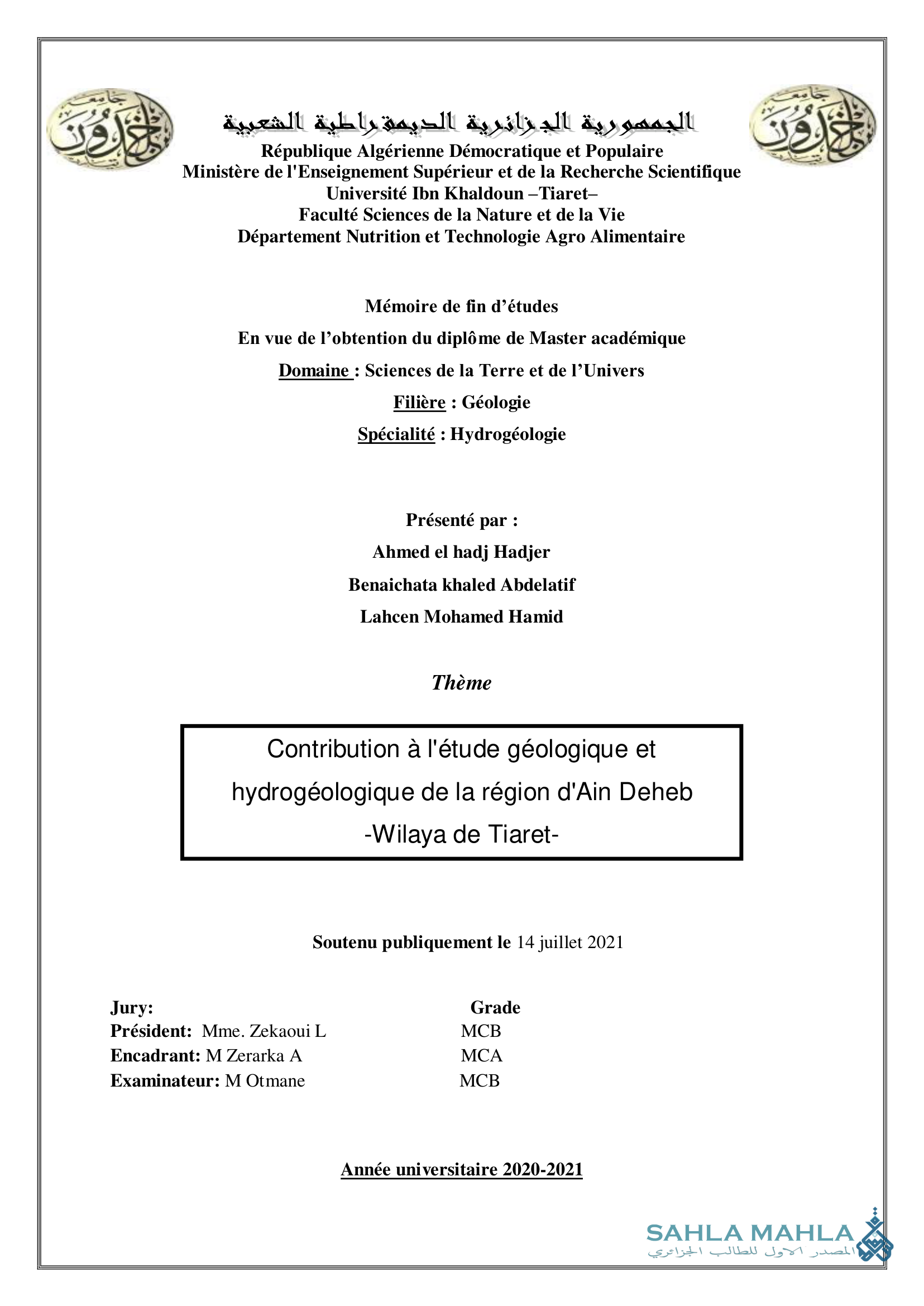 Contribution à l'étude géologique et hydrogéologique de la région d'Ain Deheb -Wilaya de Tiaret-