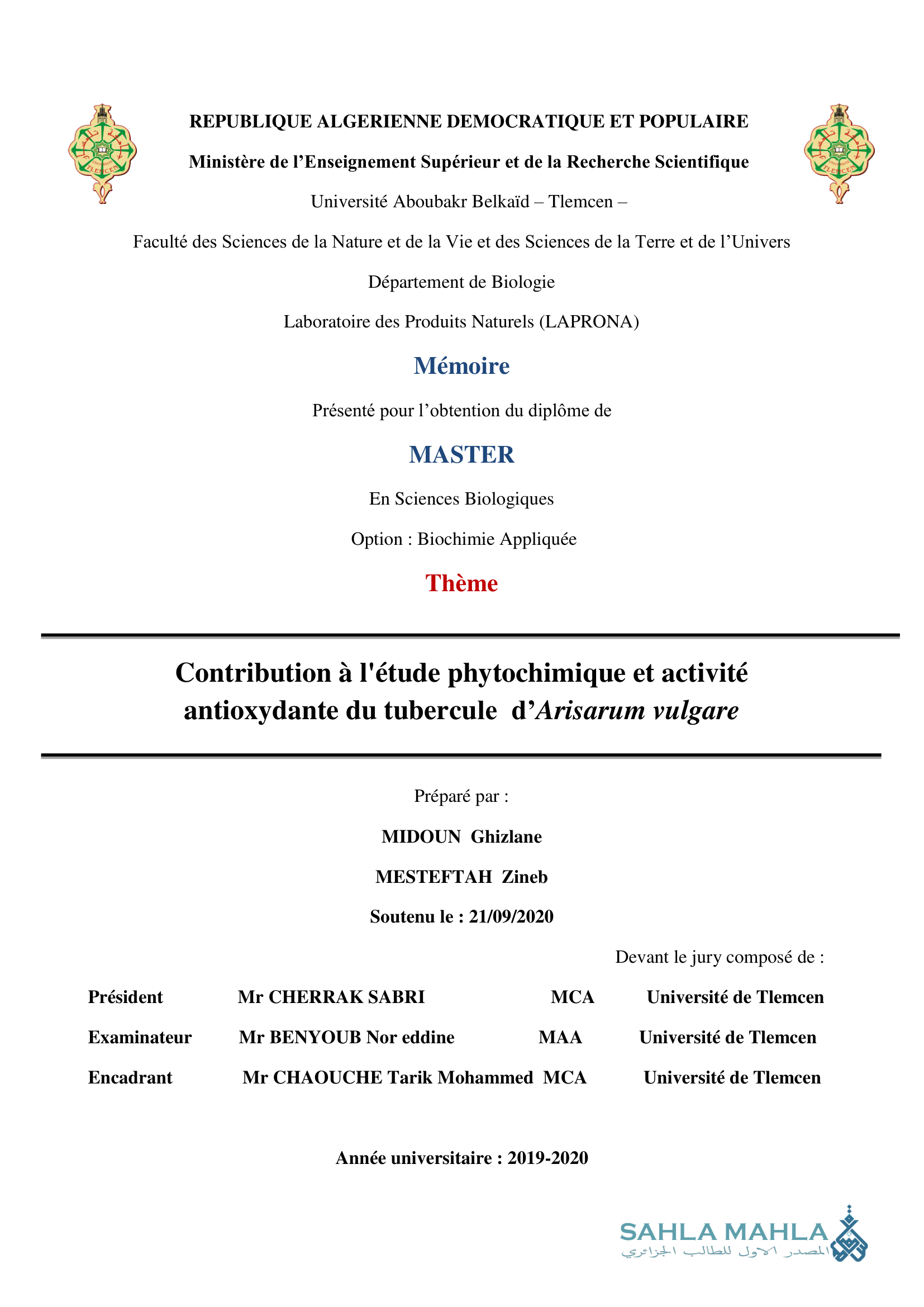 Contribution à l'étude phytochimique et activité antioxydante du tubercule d'Arisarum vulgare