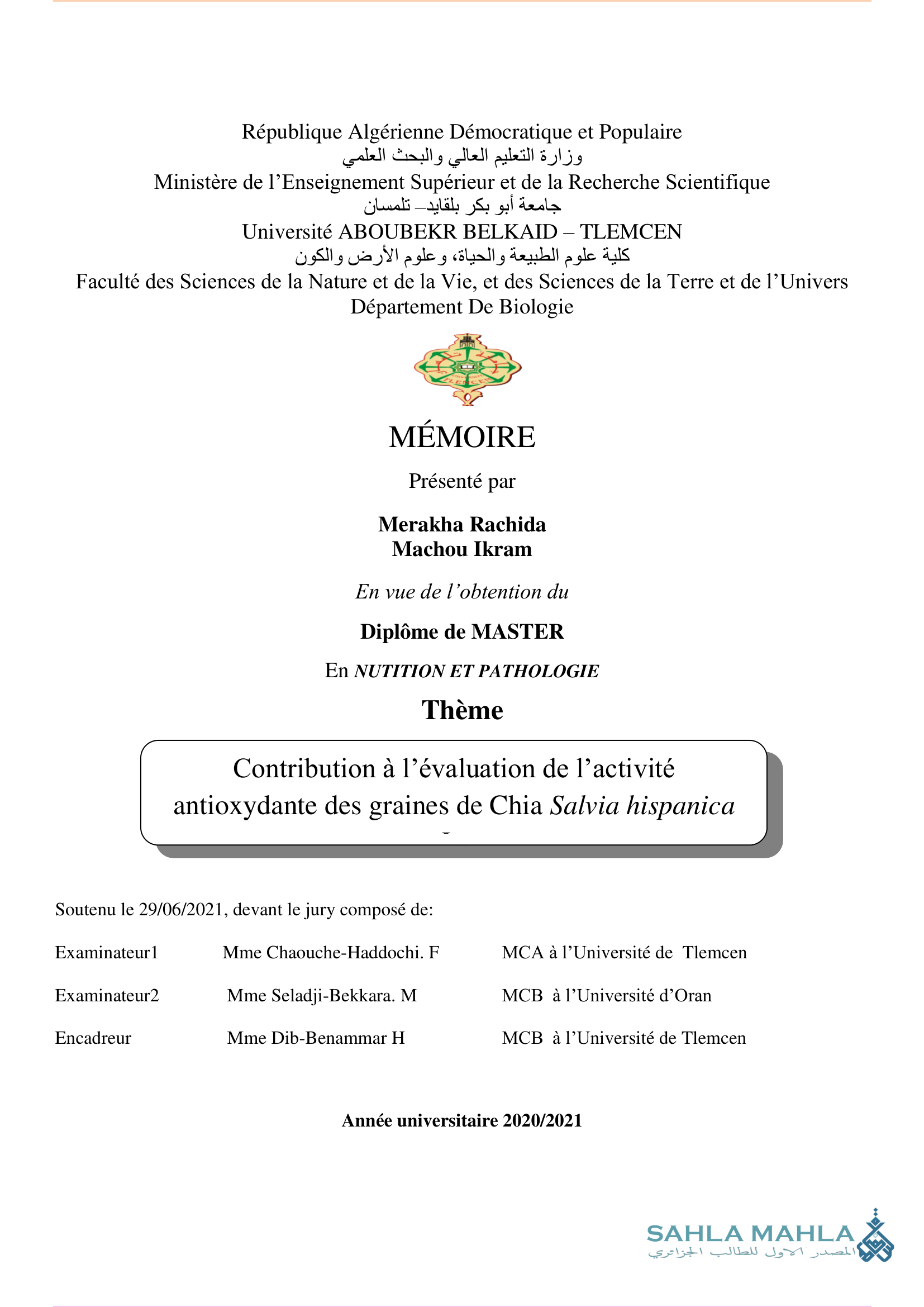 Contribution à l'évaluation de l'activité antioxydante des graines de Chia Salvia hispanica