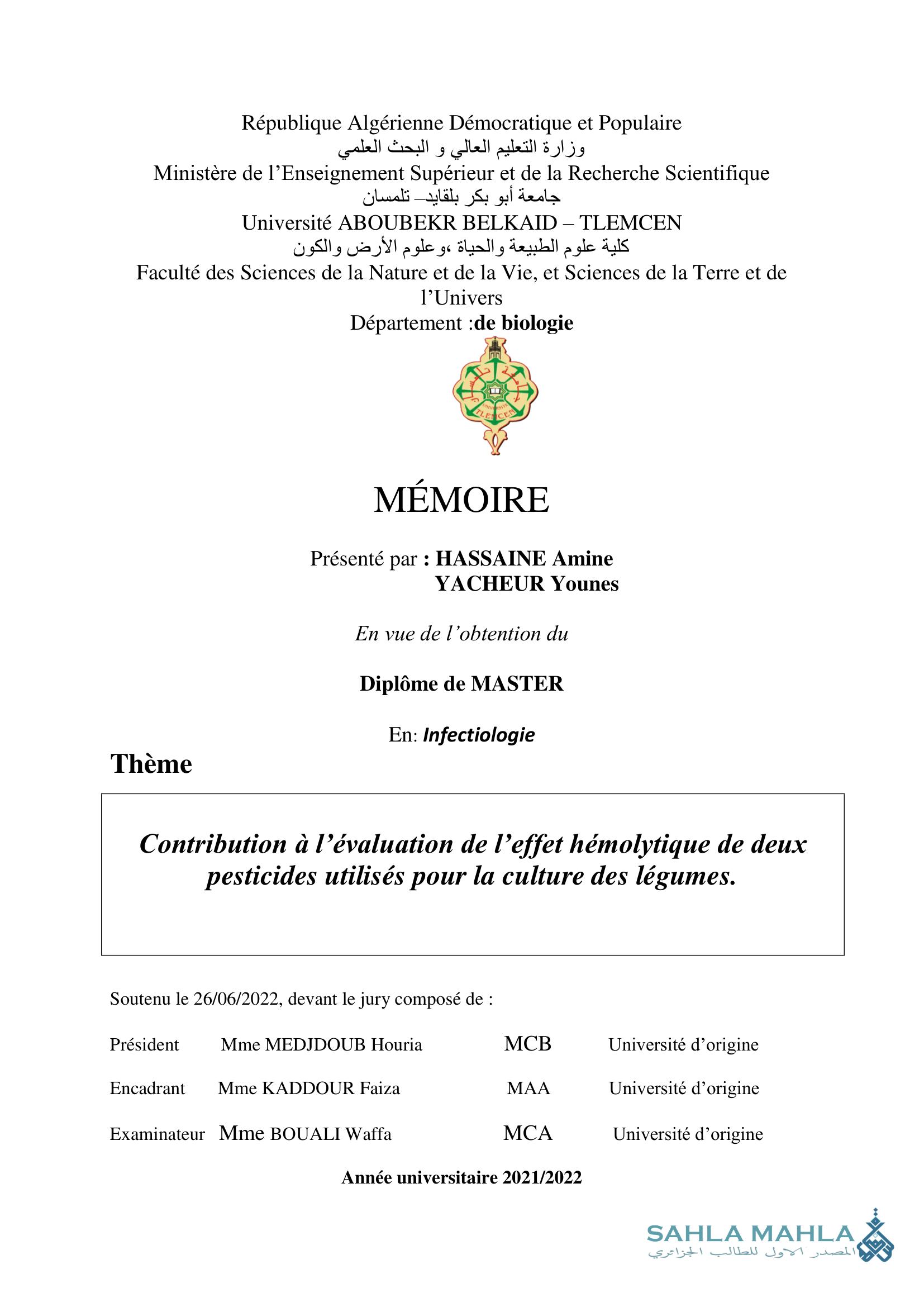 Contribution à l'évaluation de l'effet hémolytique de deux pesticides utilisés pour la culture des légumes.
