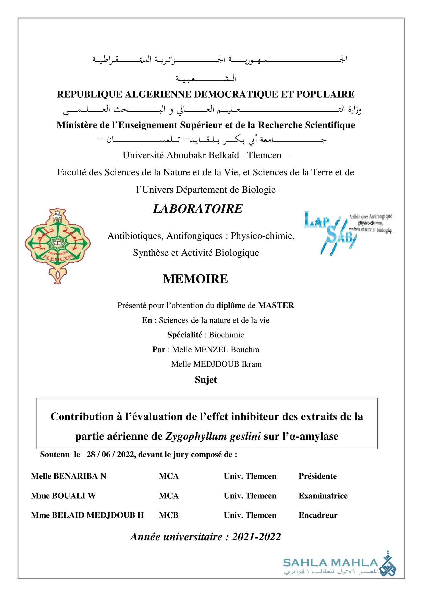 Contribution à l'évaluation de l'effet inhibiteur des extraits de la partie aérienne de Zygophyllum geslini sur l'a-amylase