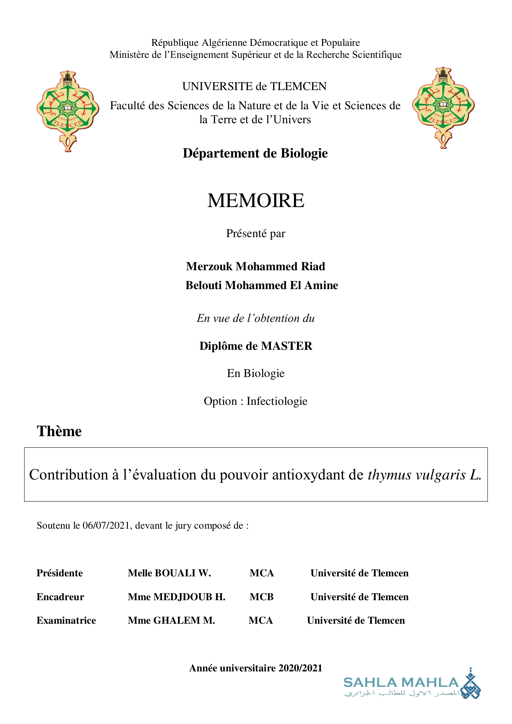 Contribution à l'évaluation du pouvoir antioxydant de thymus vulgaris L.