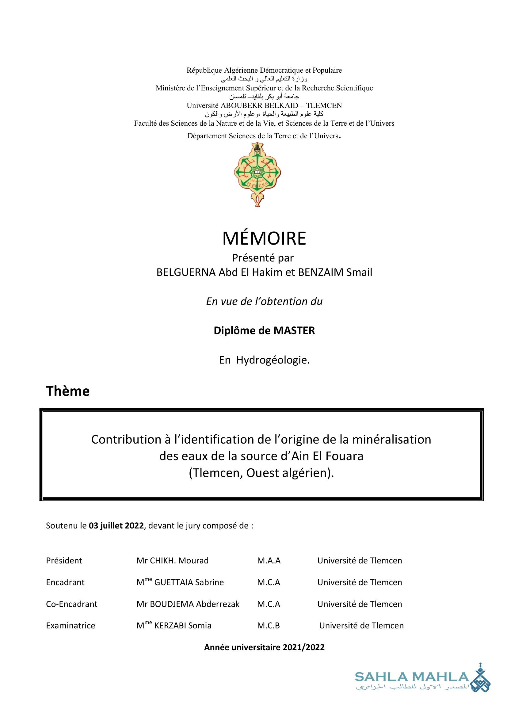 Contribution à l'identification de l'origine de la minéralisation des eaux de la source d'Ain El Fouara (Tlemcen, Ouest algérien)