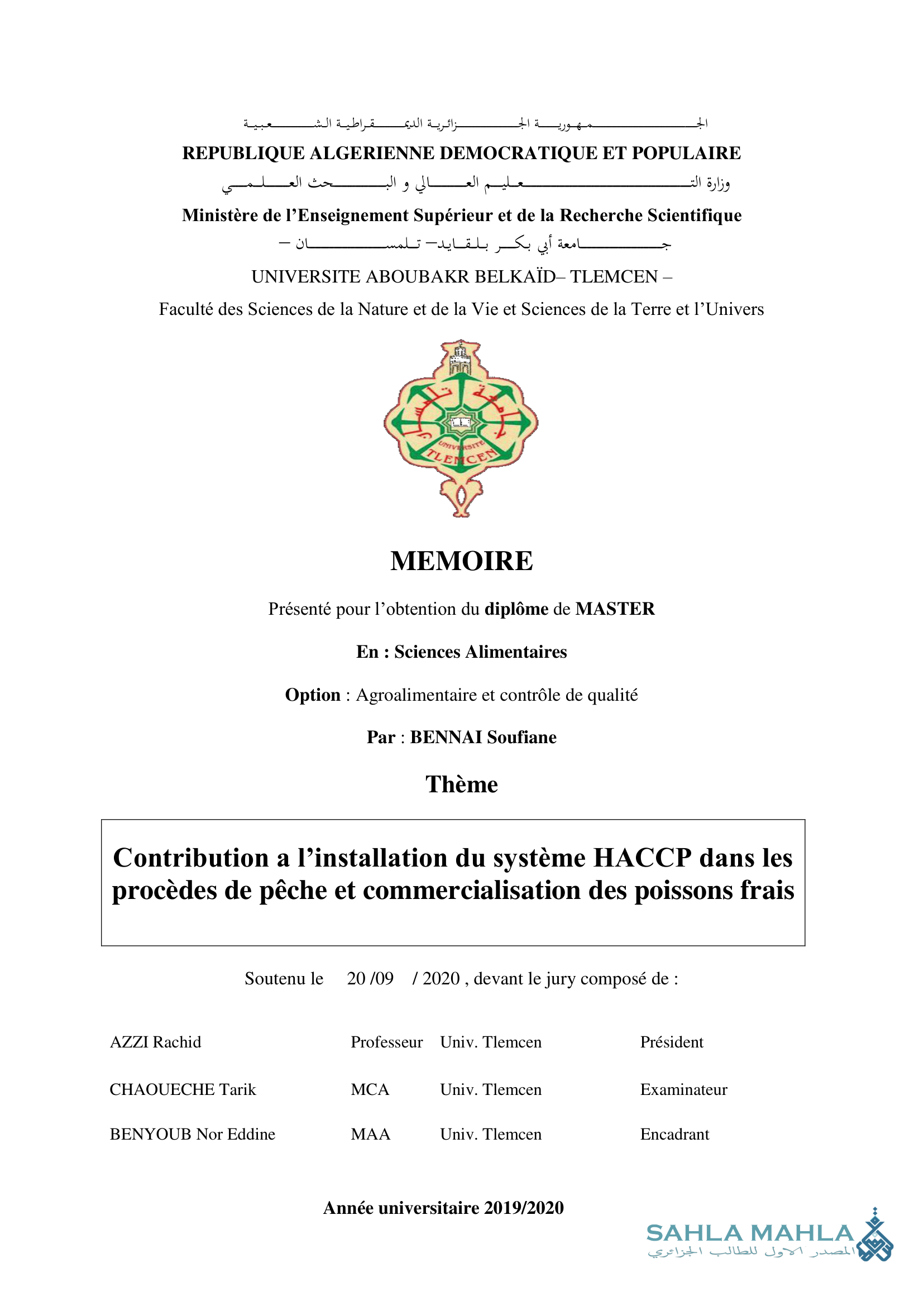 Contribution a l'installation du système HACCP dans les procèdes de pêche et commercialisation des poissons frais