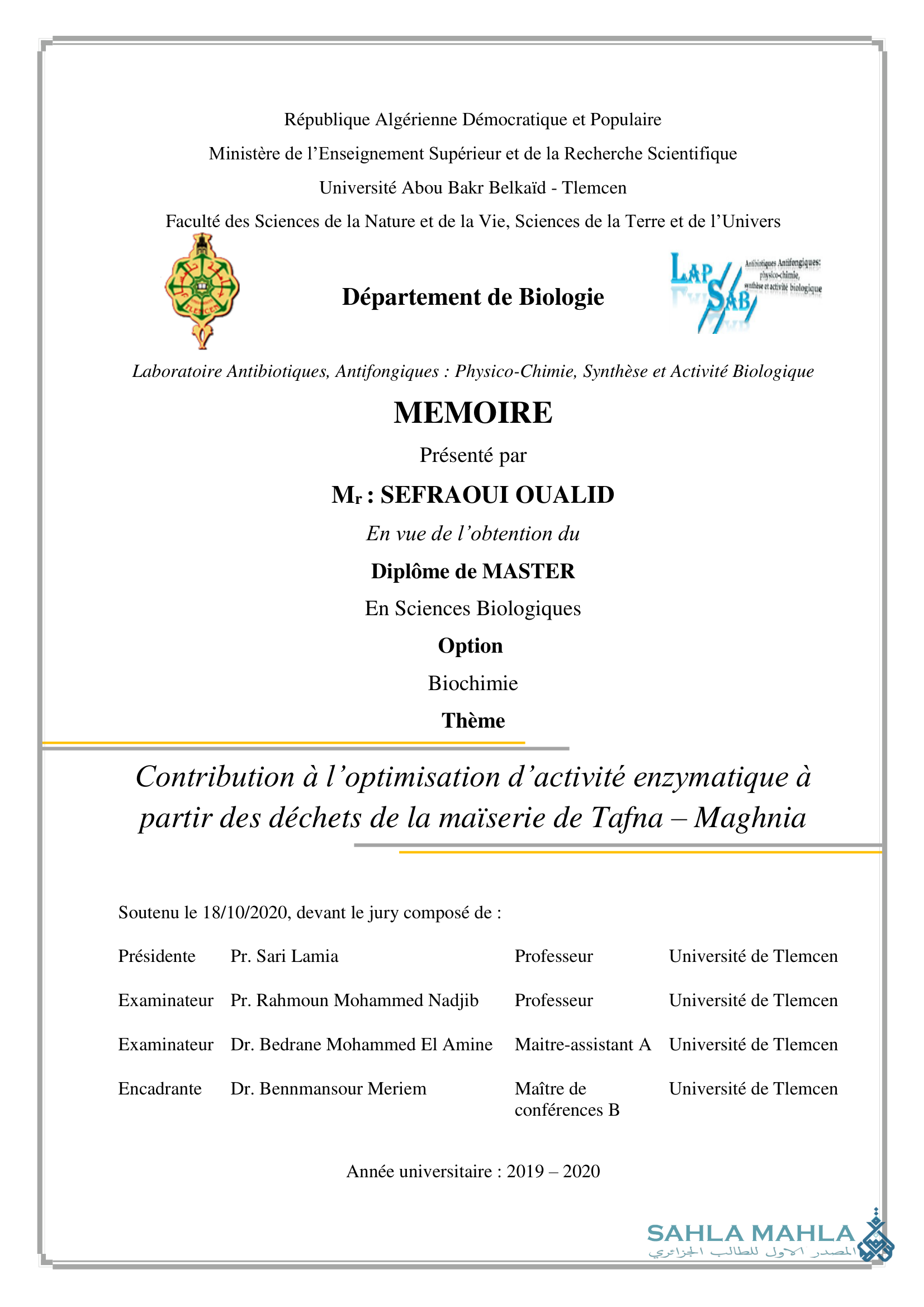 Contribution à l'optimisation d'activité enzymatique à partir des déchets de la maïserie de Tafna - Maghnia