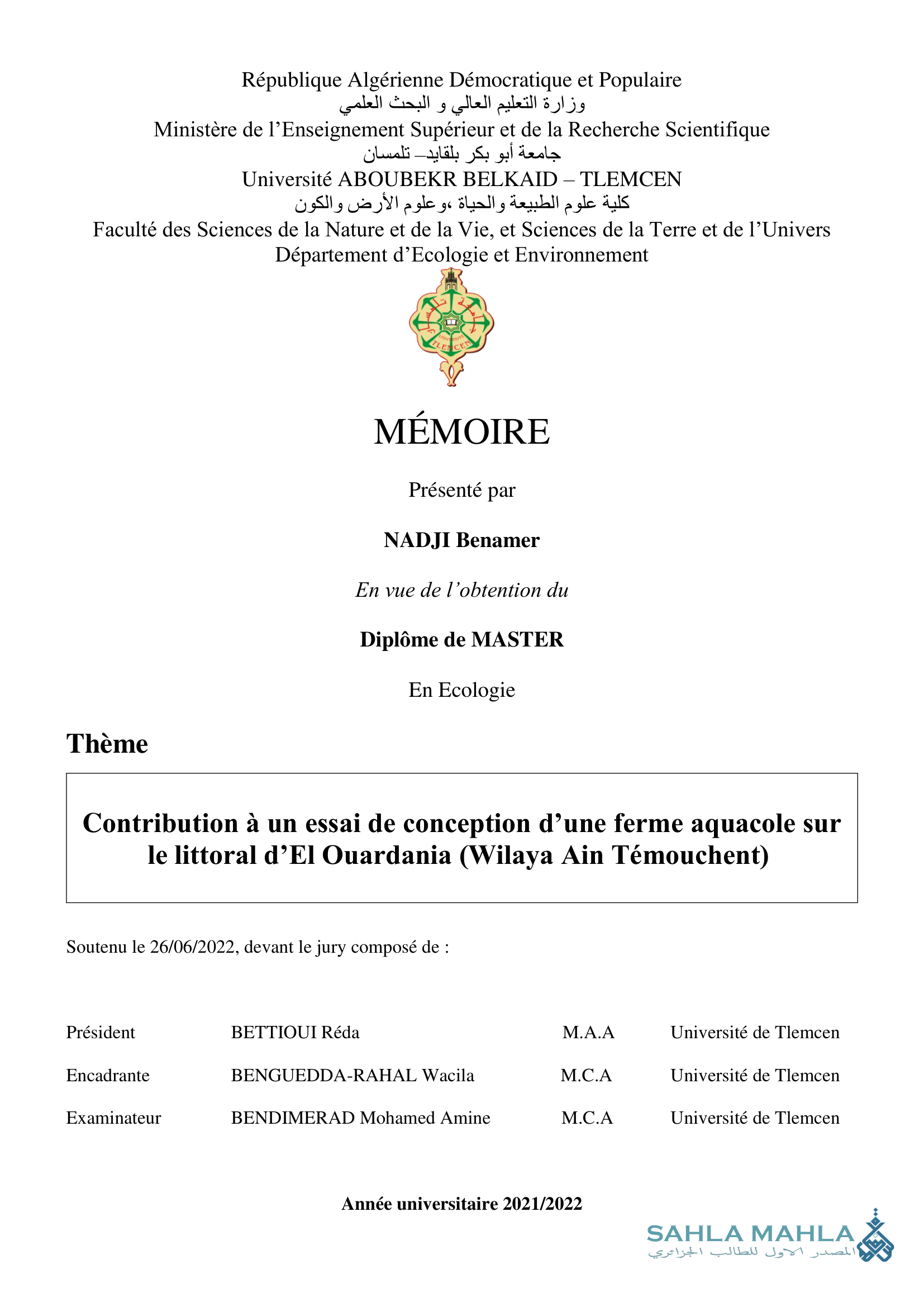 Contribution à un essai de conception d'une ferme aquacole sur le littoral d'El Ouardania (Wilaya Ain Témouchent)
