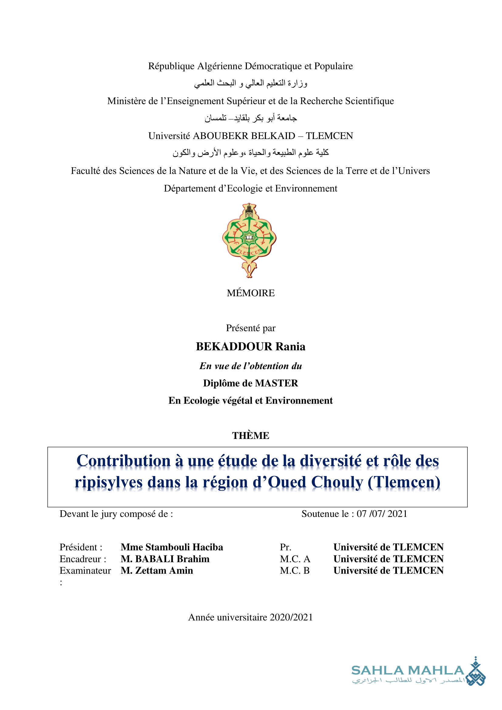 Contribution à une étude de la diversité et rôle des ripisylves dans la région d'Oued Chouly (Tlemcen)
