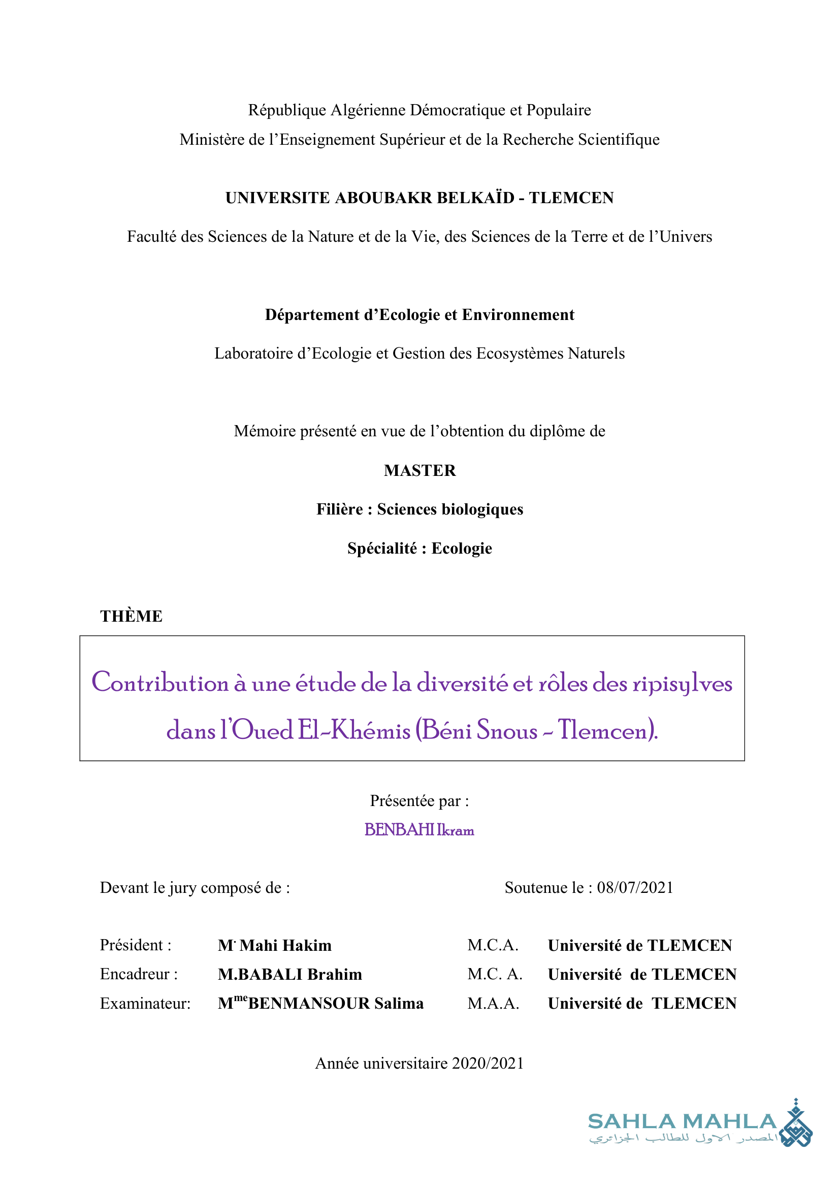 Contribution à une étude de la diversité et rôles des ripisylves dans l'Oued El-Khémis (Béni Snous - Tlemcen).