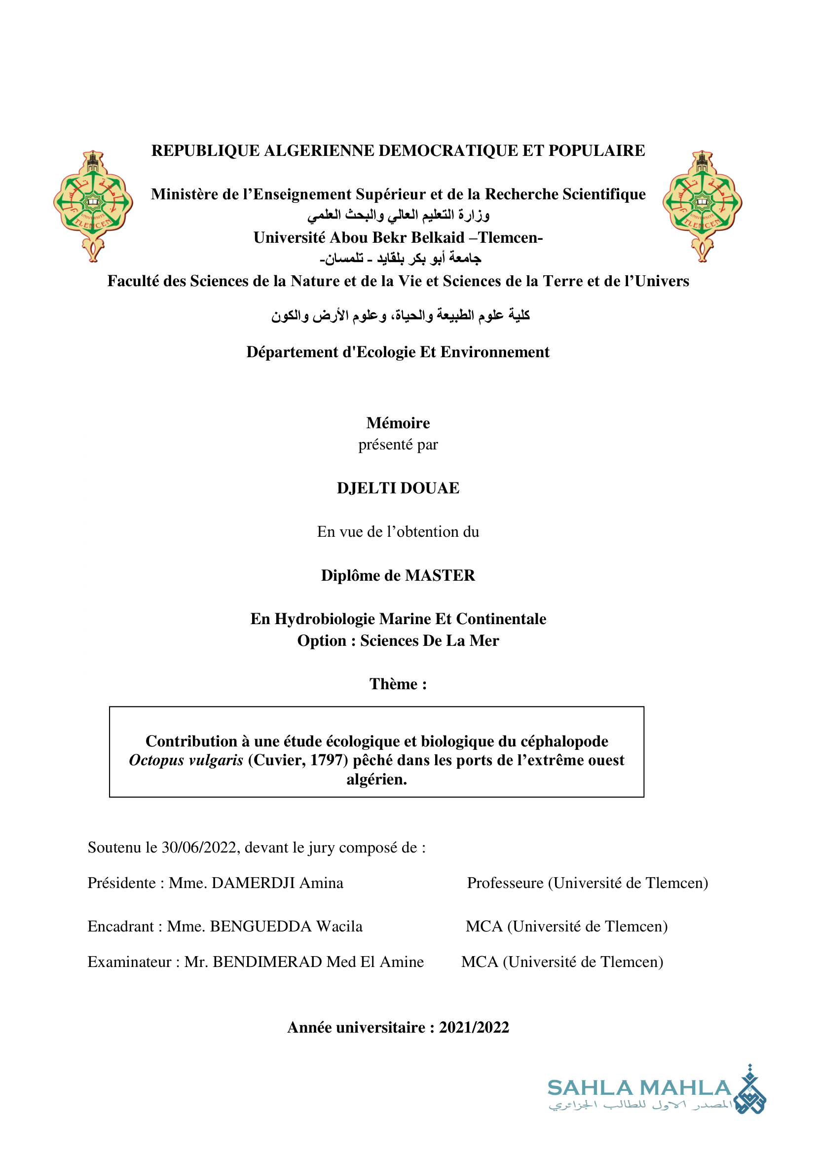 Contribution à une étude écologique et biologique du céphalopode Octopus vulgaris (Cuvier, 1797) pêché dans les ports de l'extrême ouest algérien.