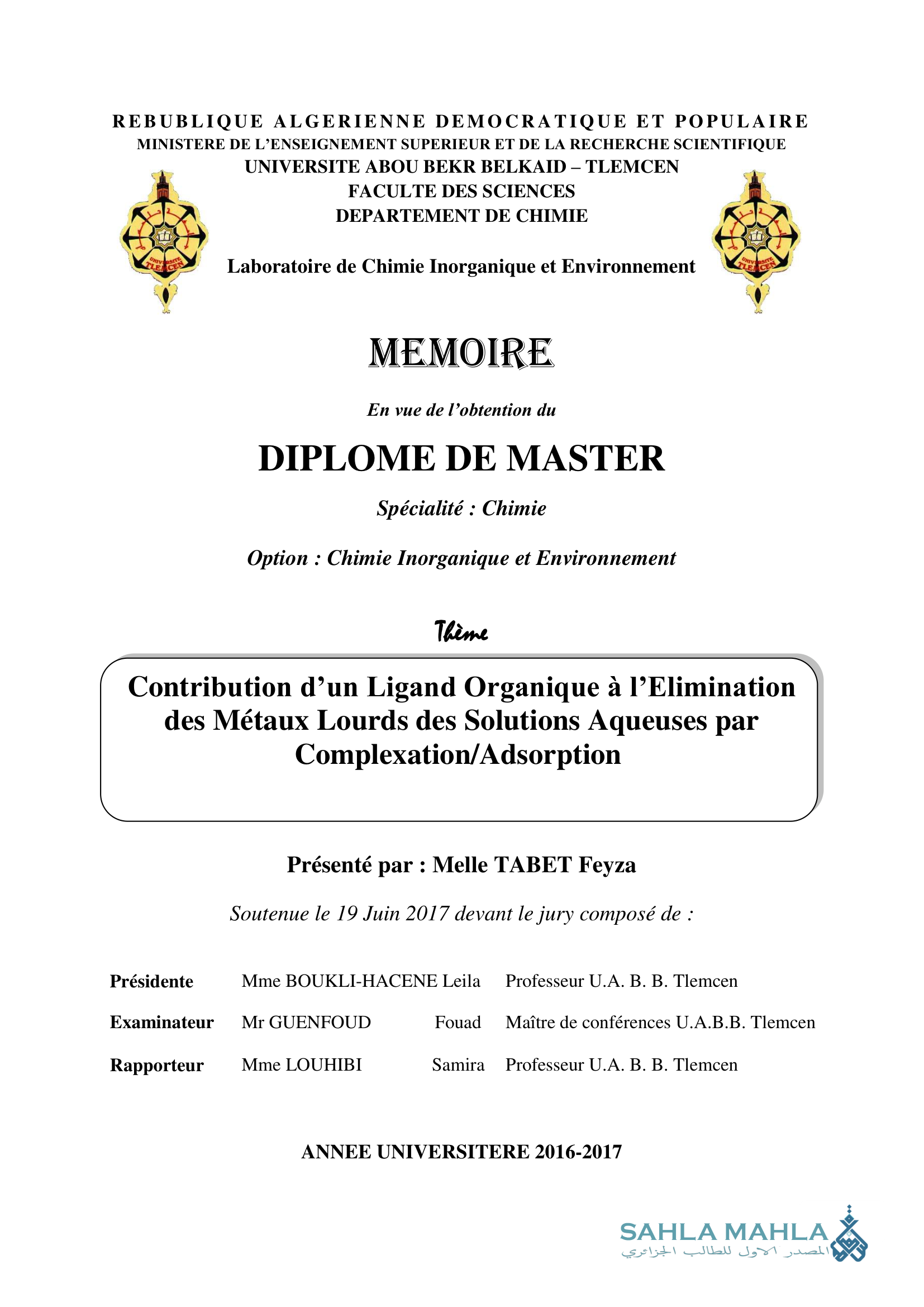 Contribution d'un Ligand Organique à l'Elimination des Métaux Lourds des Solutions Aqueuses par Complexation/Adsorption