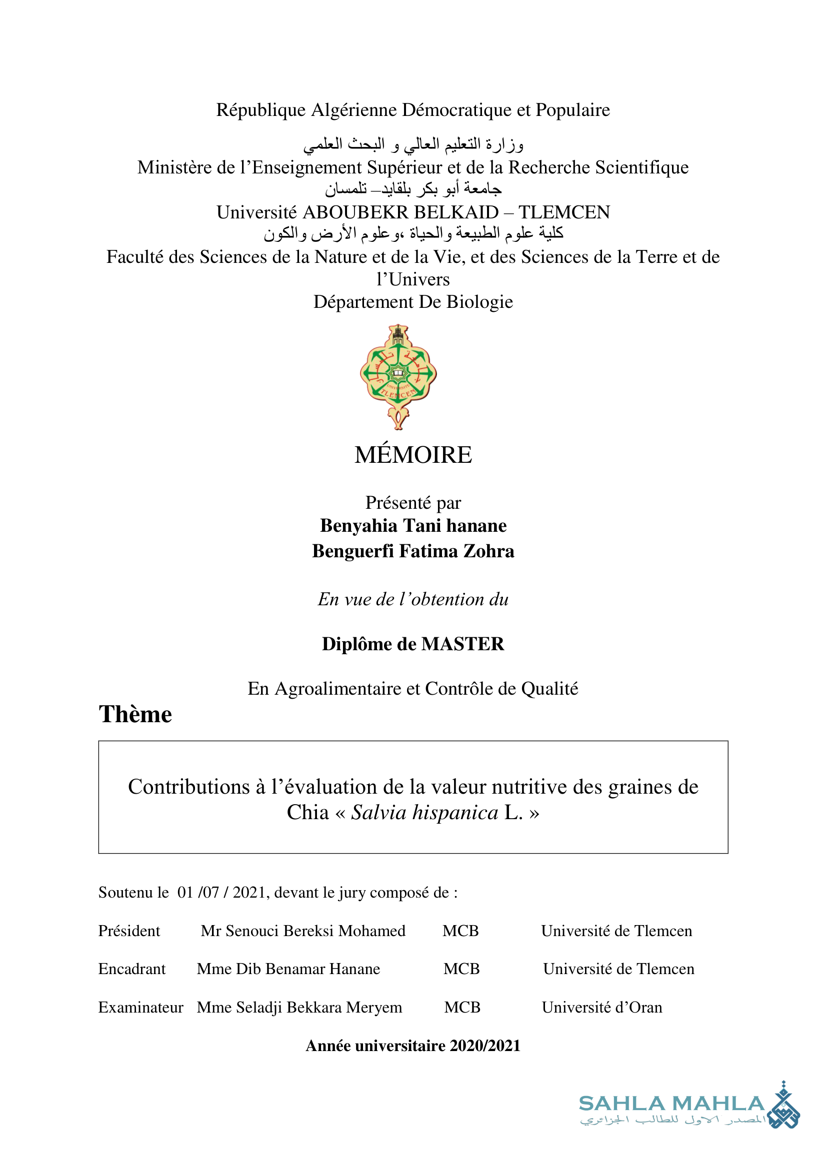 Contributions à l'évaluation de la valeur nutritive des graines de Chia << Salvia hispanica L. ><noscript><img decoding=