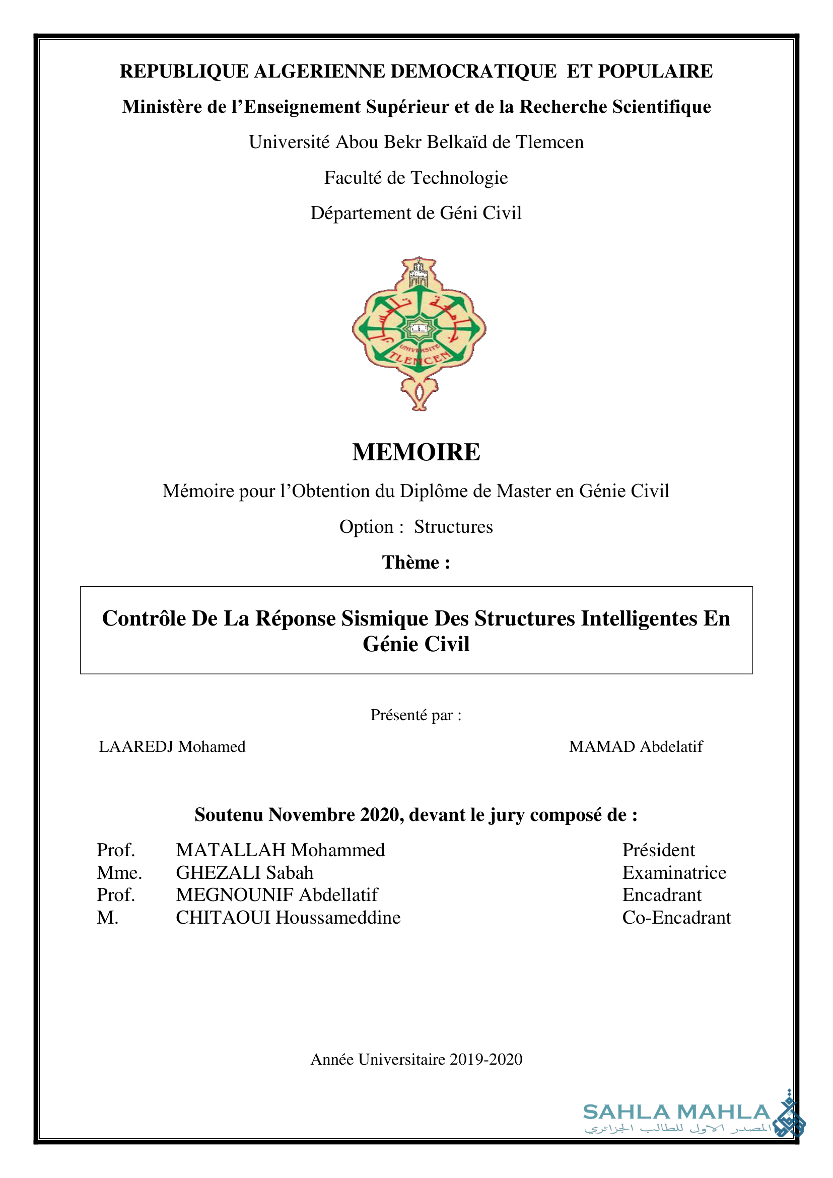 Contrôle De La Réponse Sismique Des Structures Intelligentes En Génie Civil