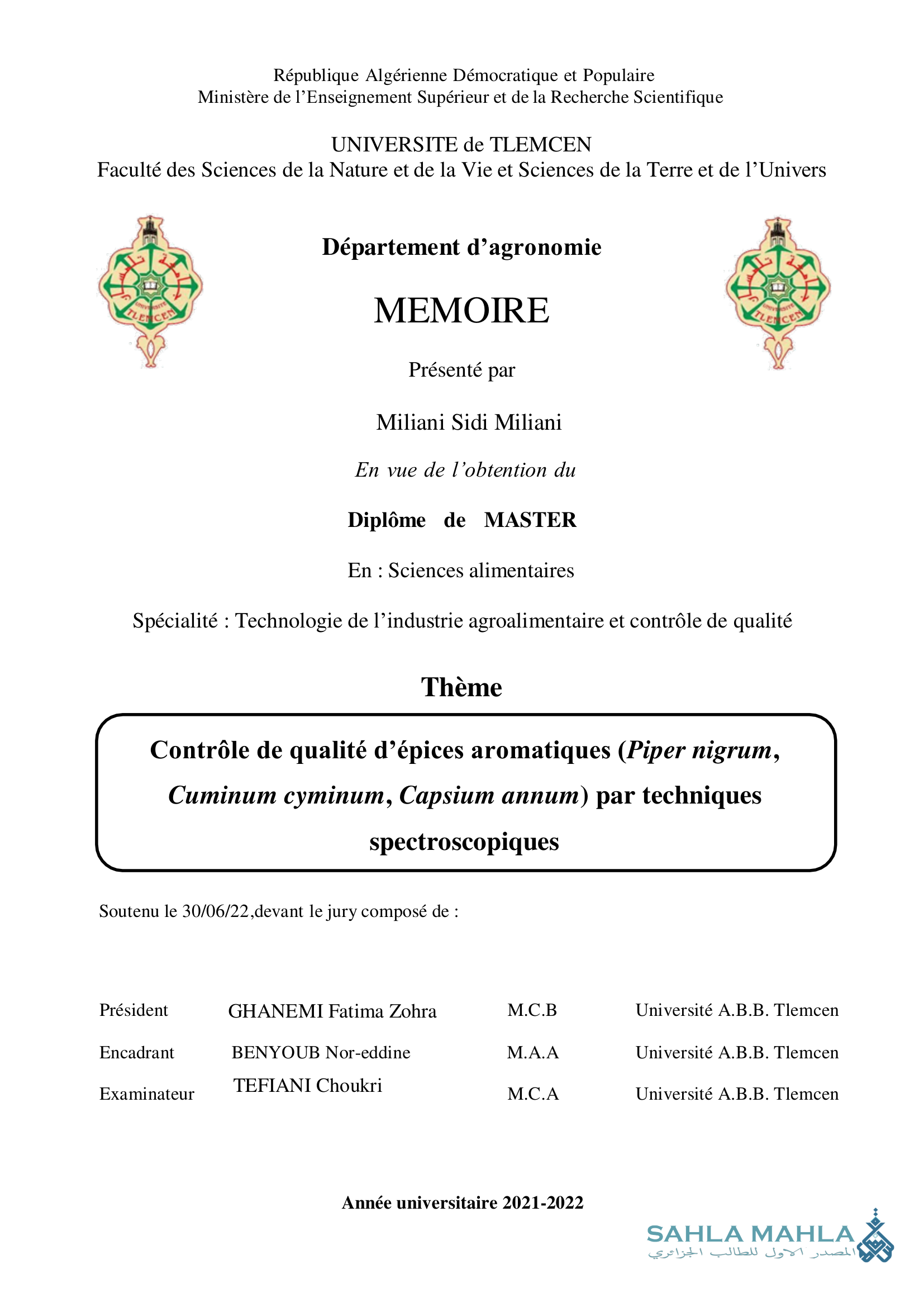 Contrôle de qualité d'épices aromatiques (Piper nigrum, Cuminum cyminum, Capsium annum) par techniques spectroscopiques