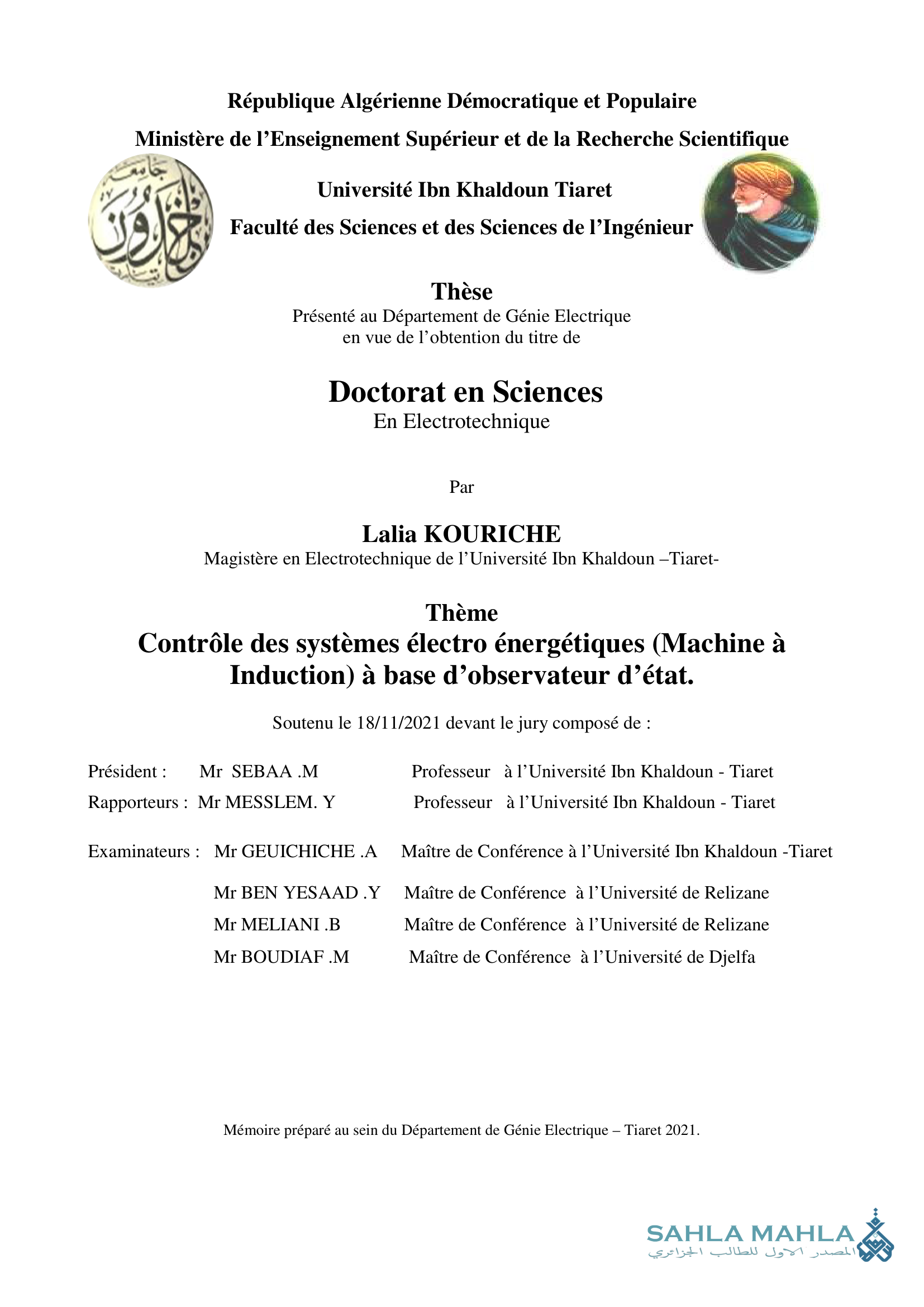 Contrôle des systèmes électro énergétiques (Machine à Induction) à base d'observateur d'état.