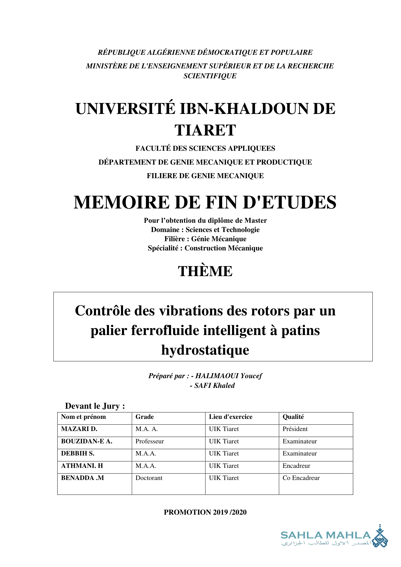 Contrôle des vibrations des rotors par un palier ferrofluide intelligent à patins hydrostatique