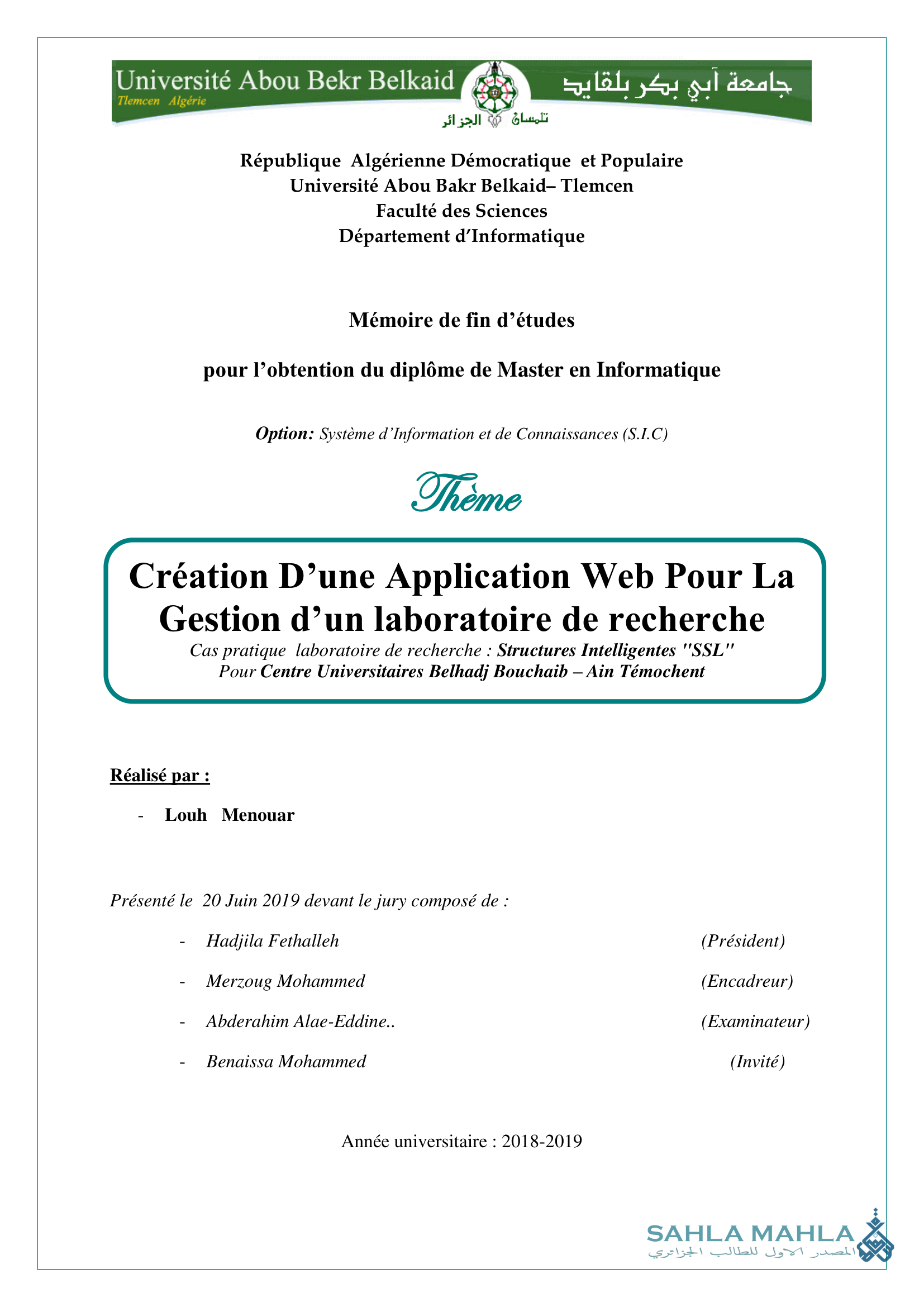 Création D'une Application Web Pour La Gestion d'un laboratoire de recherche Cas pratique laboratoire de recherche : Structures Intelligentes 