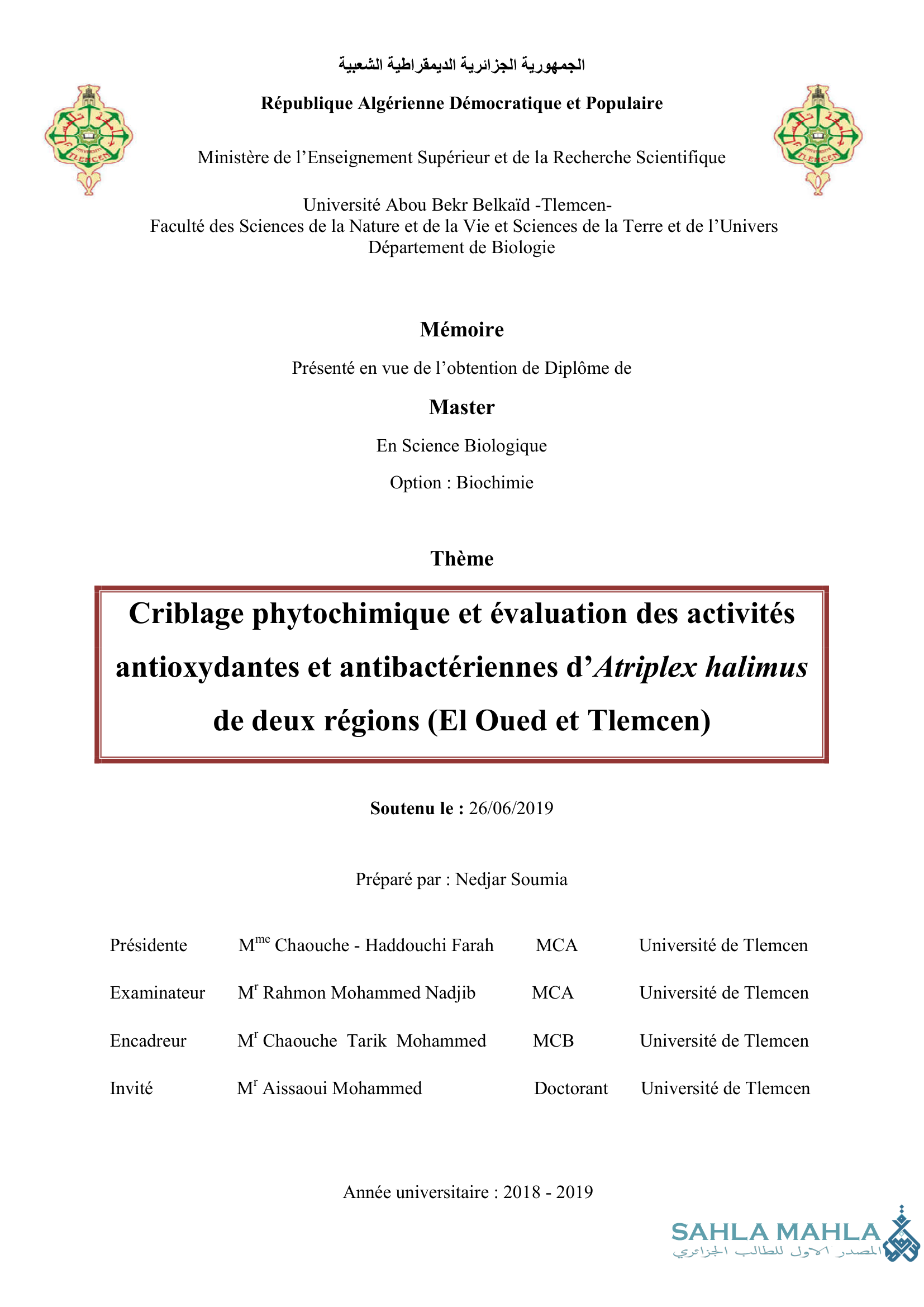 Criblage phytochimique et évaluation des activités antioxydantes et antibactériennes d'Atriplex halimus de deux régions (El Oued et Tlemcen)