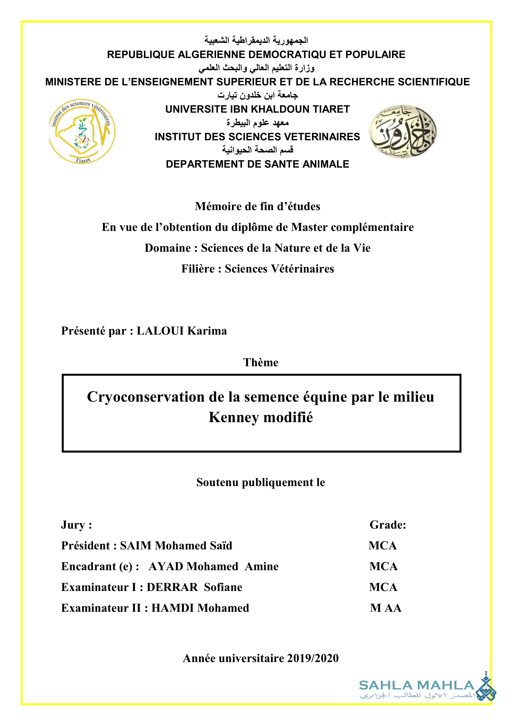 Cryoconservation de la semence équine par le milieu Kenney modifié