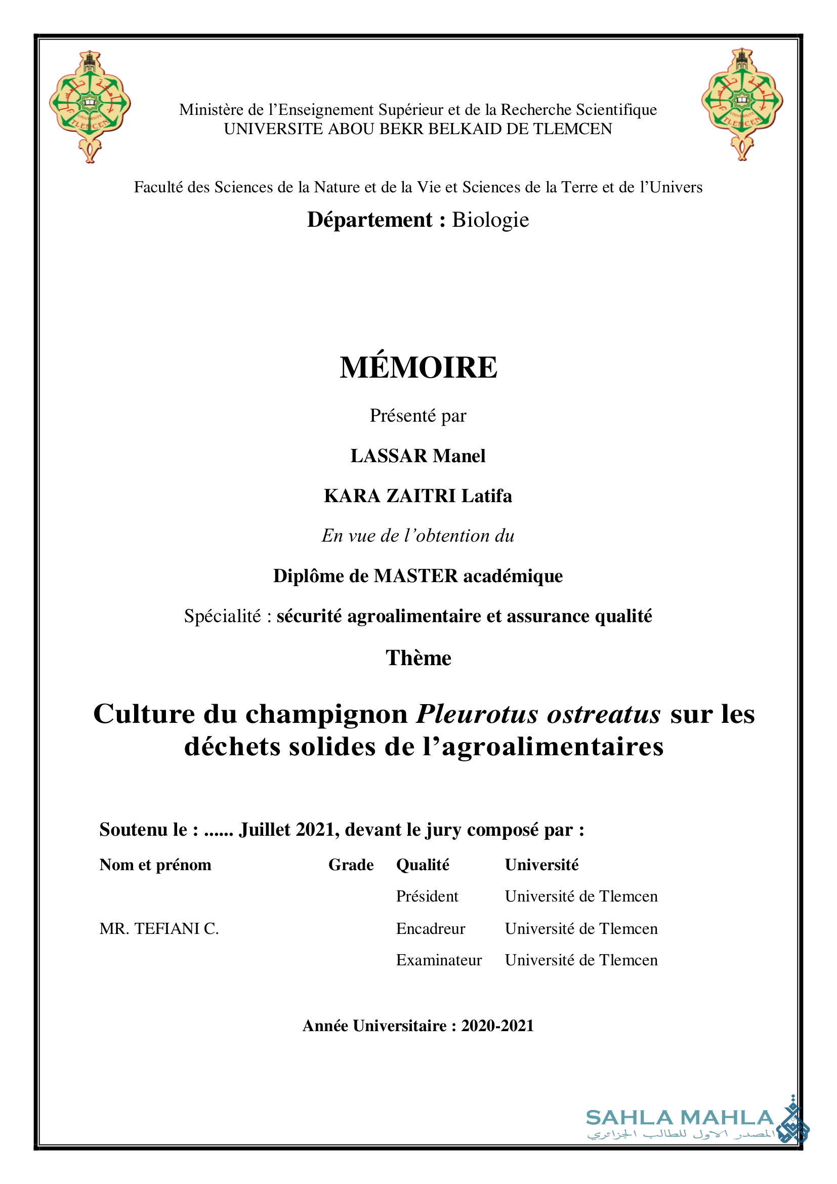 Culture du champignon Pleurotus ostreatus sur les déchets solides de l'agroalimentaires