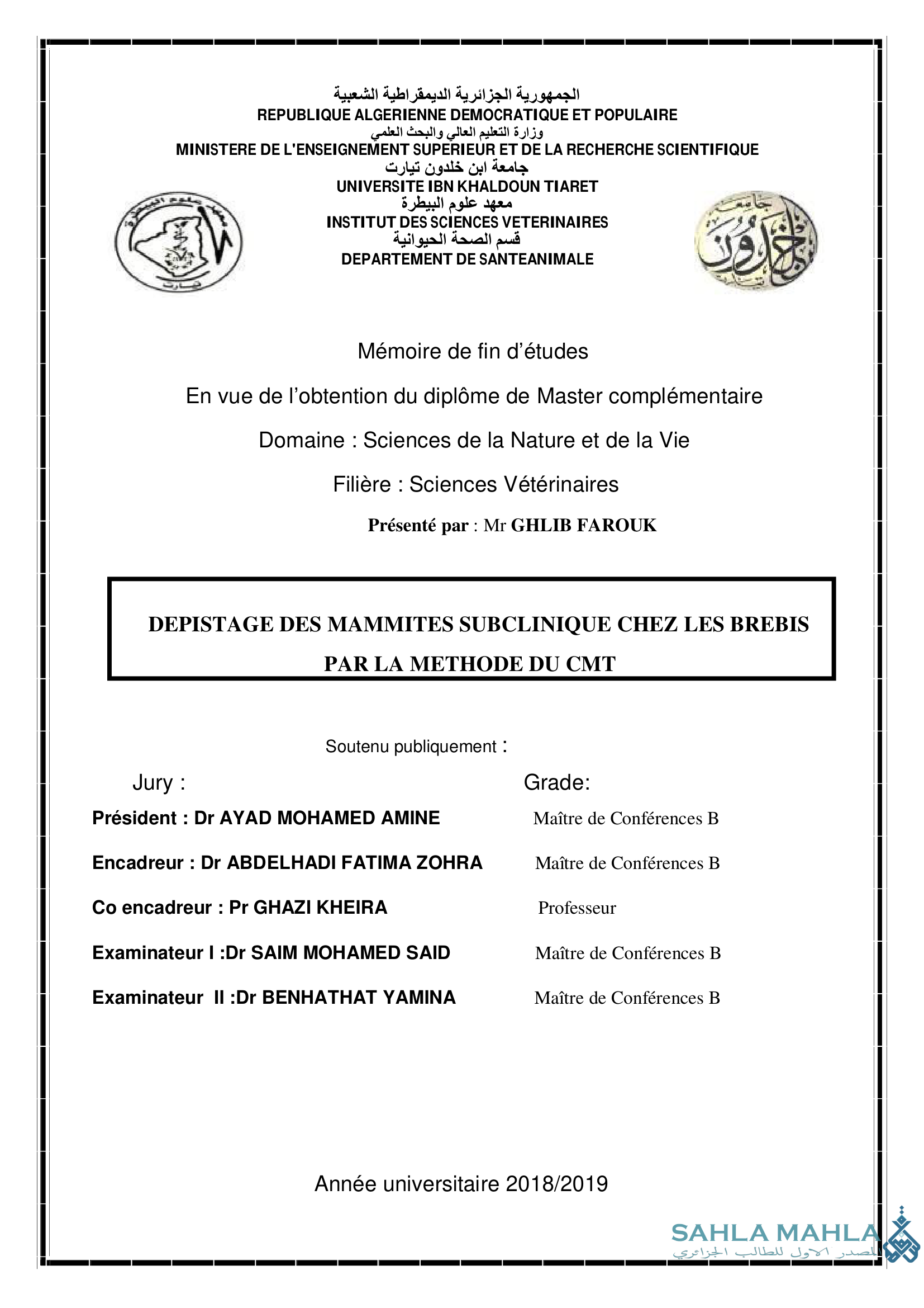 DEPISTAGE DES MAMMITES SUBCLINIQUE CHEZ LES BREBIS PAR LA METHODE DU CMT
