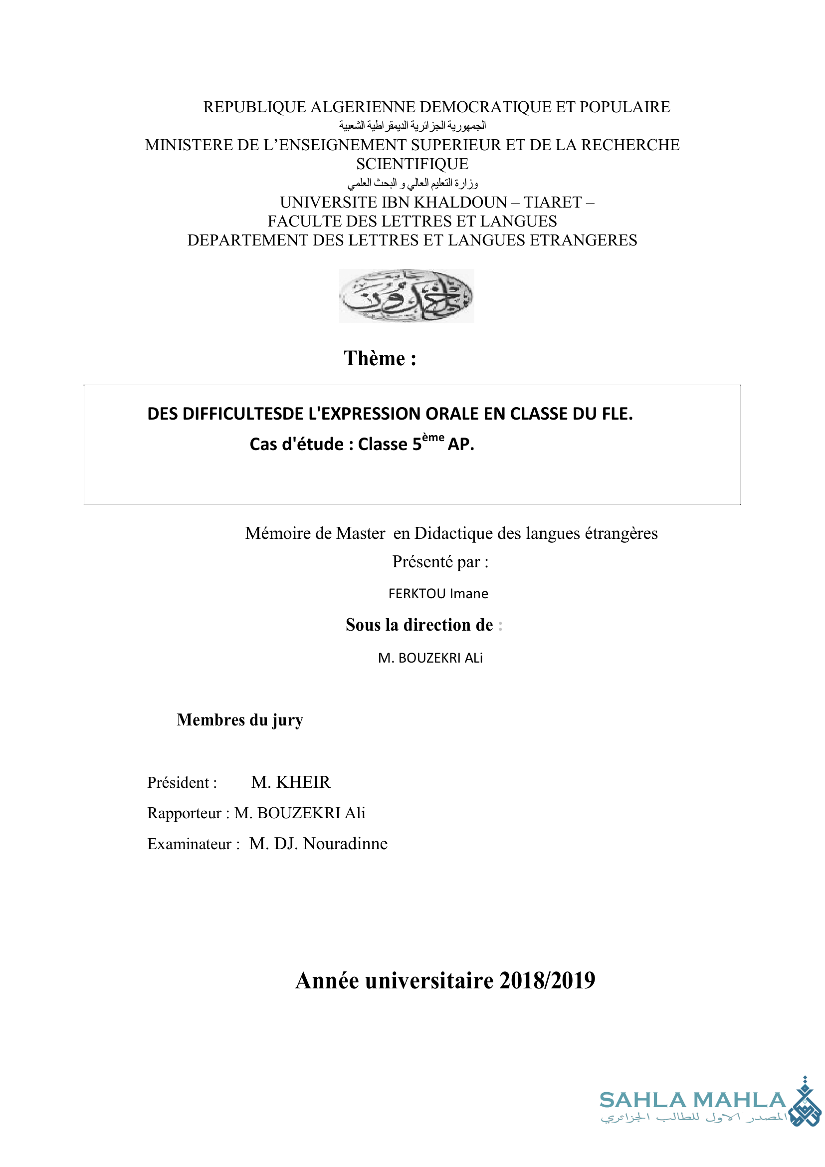 DES DIFFICULTESDE L'EXPRESSION ORALE EN CLASSE DU FLE. Cas d'étude : Classe 5ème AP.