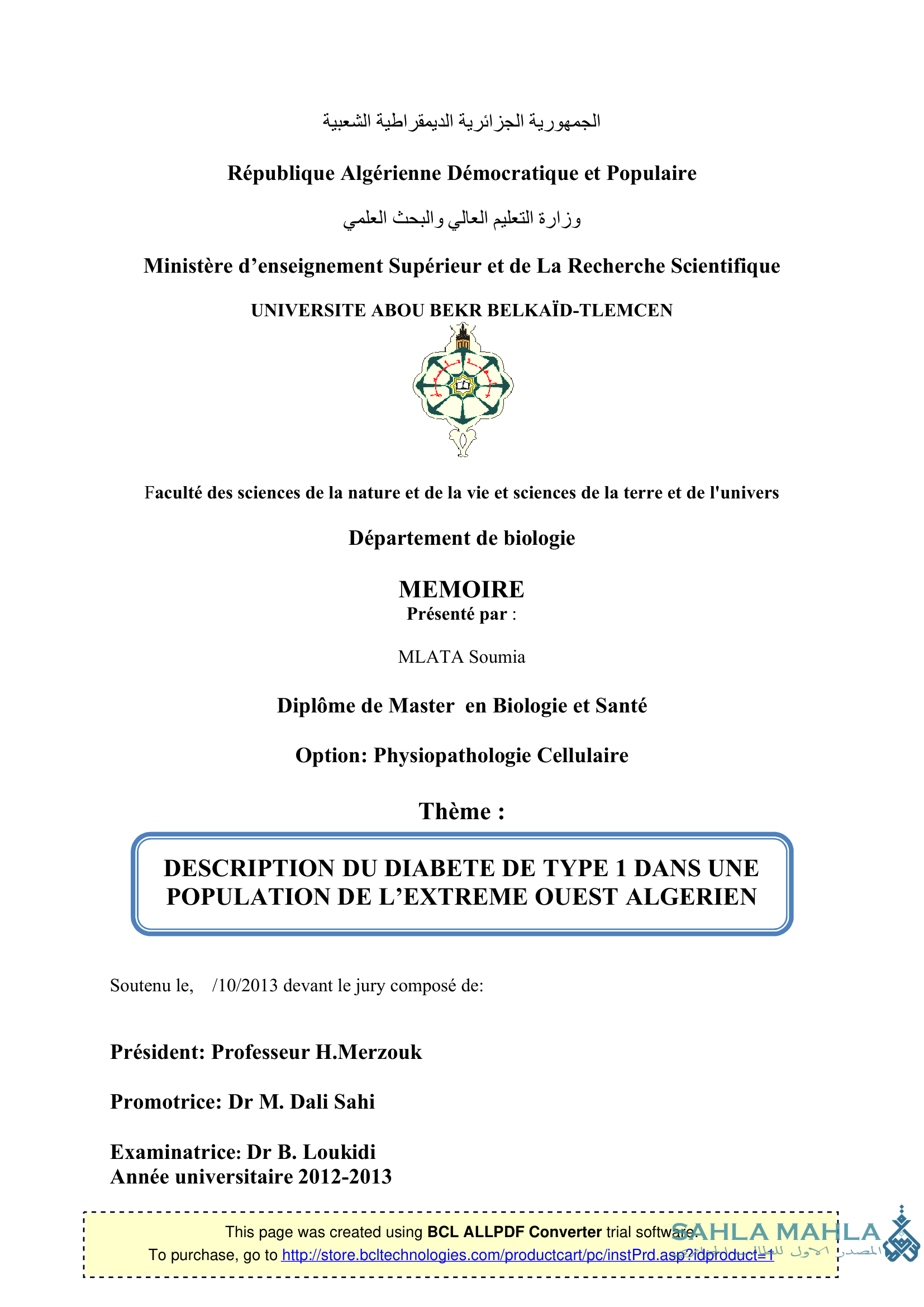 DESCRIPTION DU DIABETE DE TYPE 1 DANS UNE POPULATION DE L'EXTREME OUEST ALGERIEN