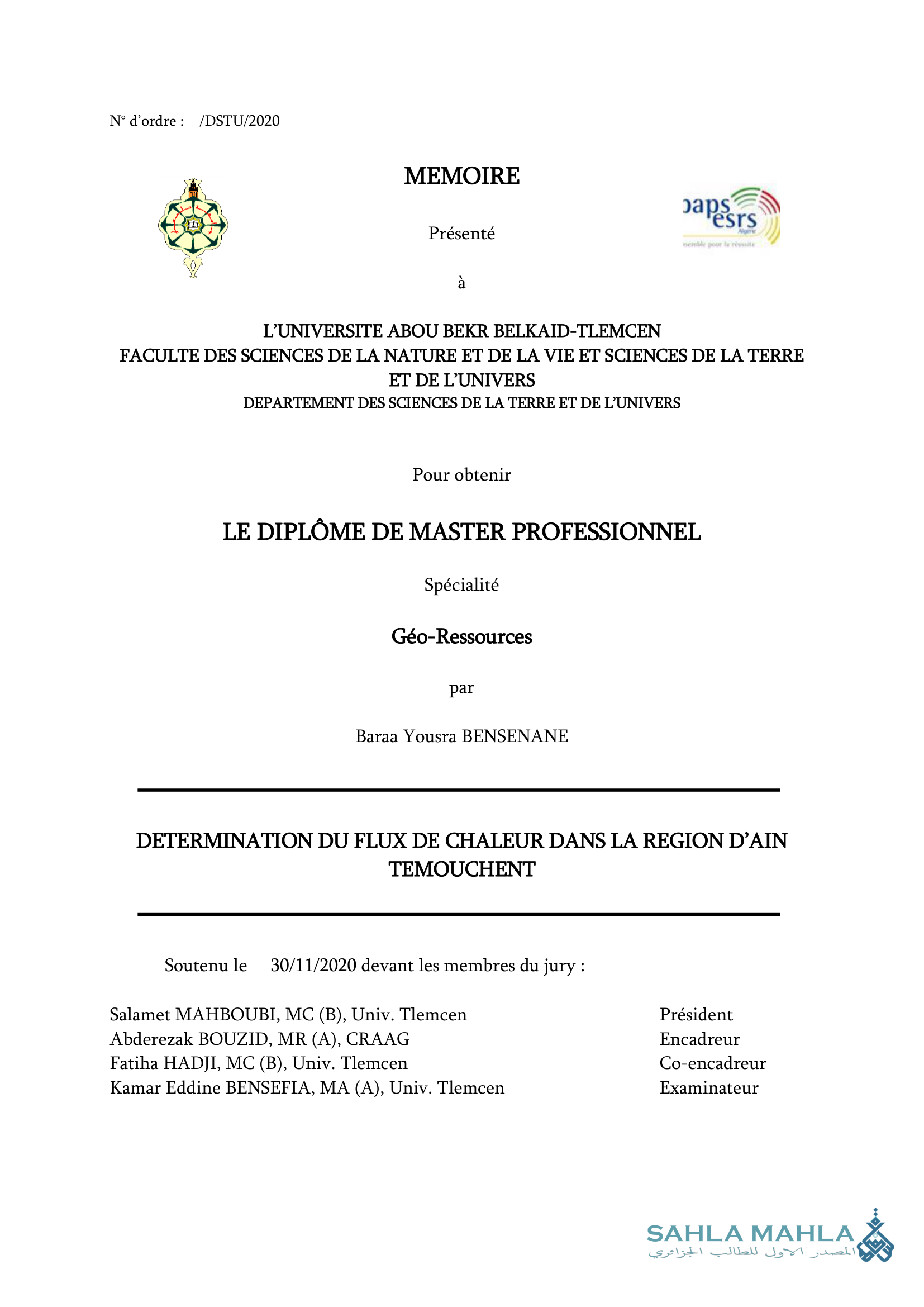 DETERMINATION DU FLUX DE CHALEUR DANS LA REGION D'AIN TEMOUCHENT