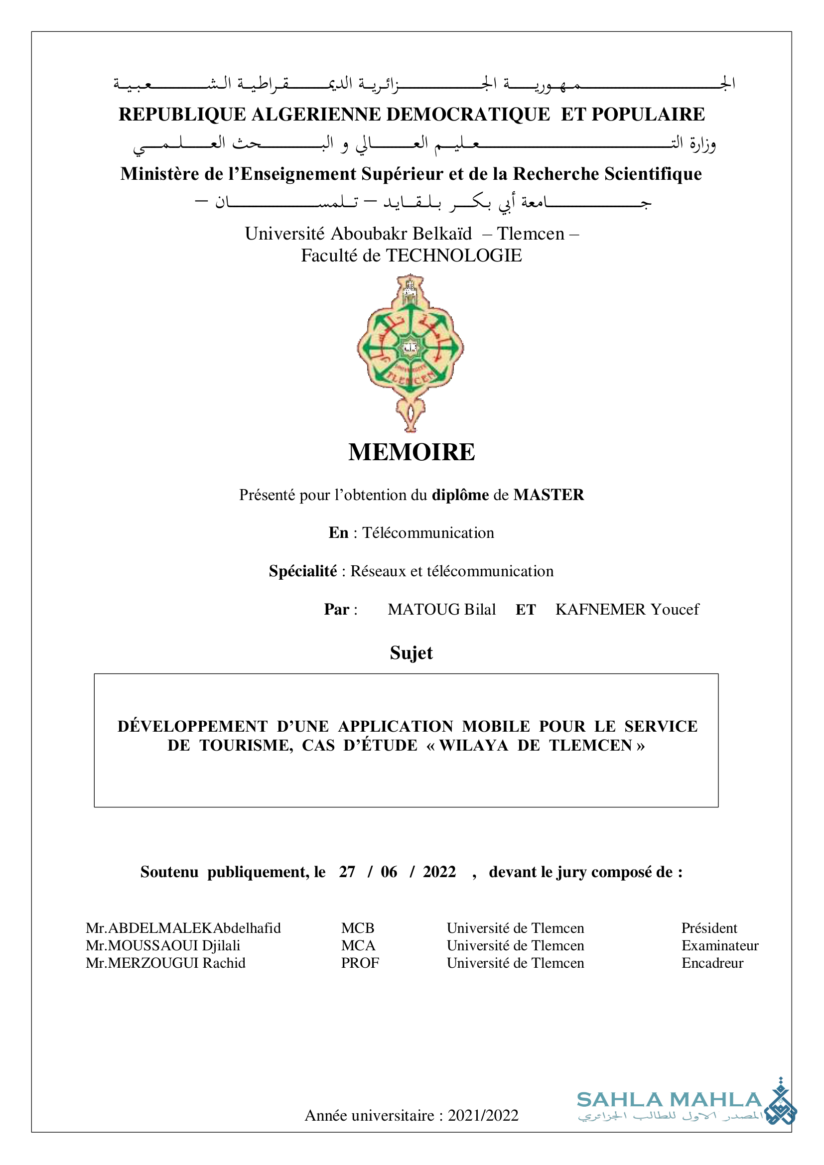 DÉVELOPPEMENT D'UNE APPLICATION MOBILE POUR LE SERVICE DE TOURISME, CAS D'ÉTUDE « WILAYA DE TLEMCEN »