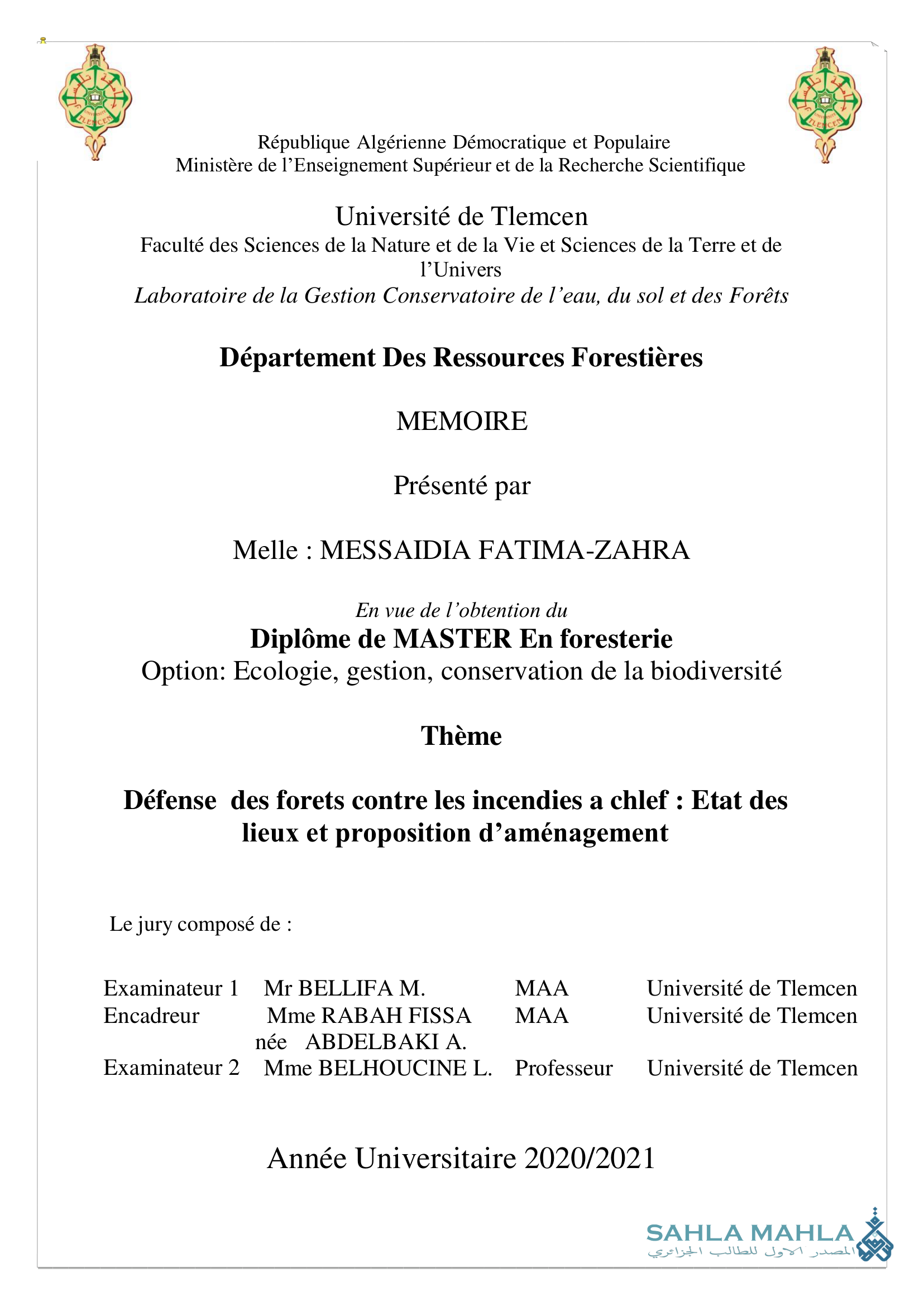 Défense des forets contre les incendies a chlef : Etat des lieux et proposition d'aménagement