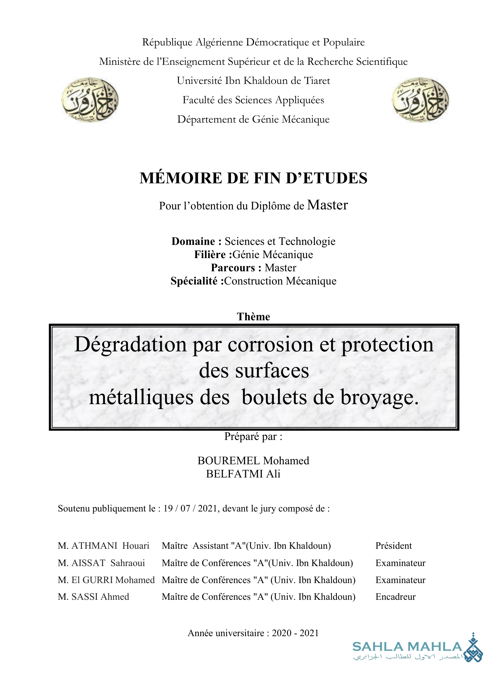 Dégradation par corrosion et protection des surfaces métalliques des boulets de broyage.