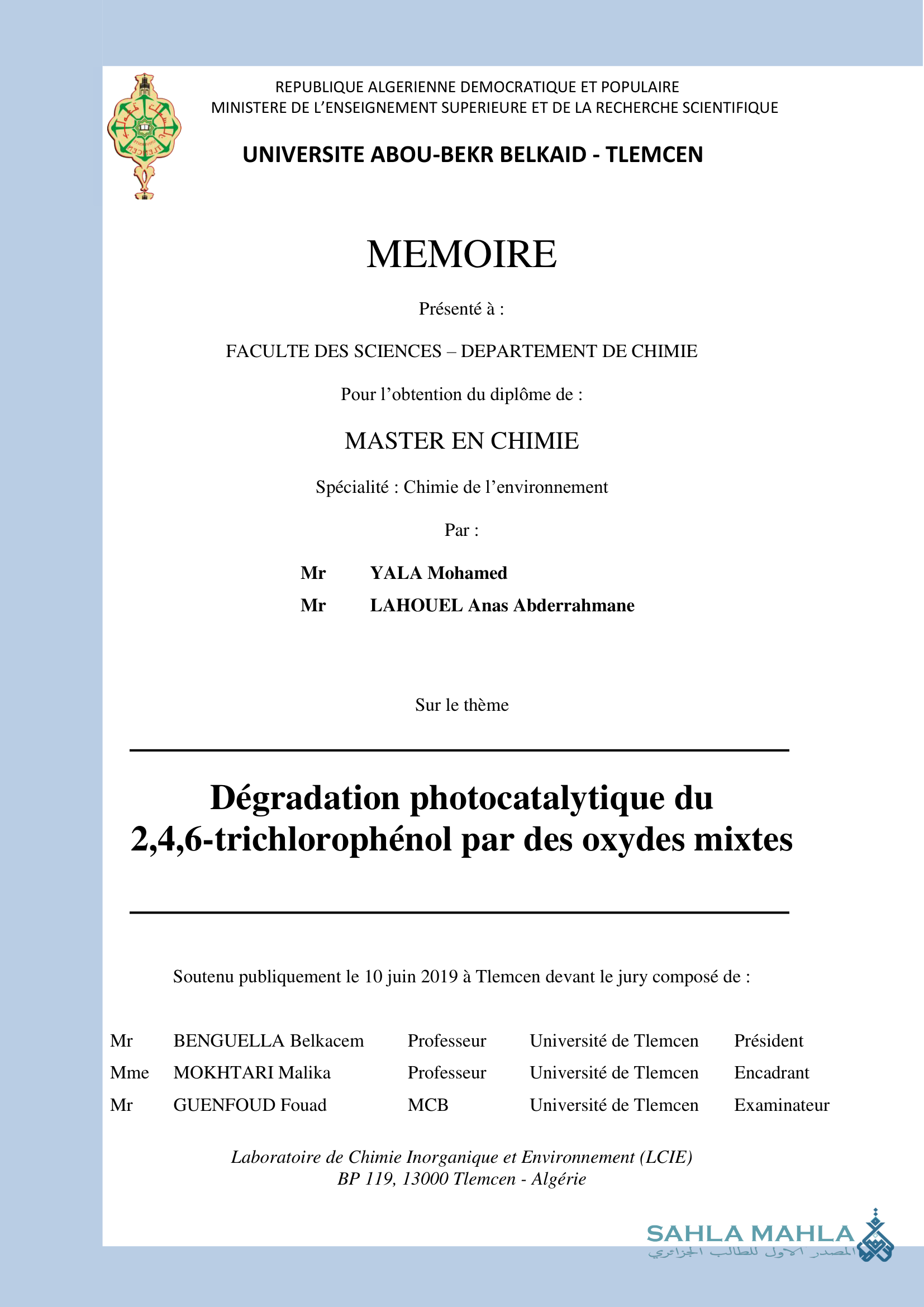 Dégradation photocatalytique du 2,4,6-trichlorophenol par des oxydes mixtes