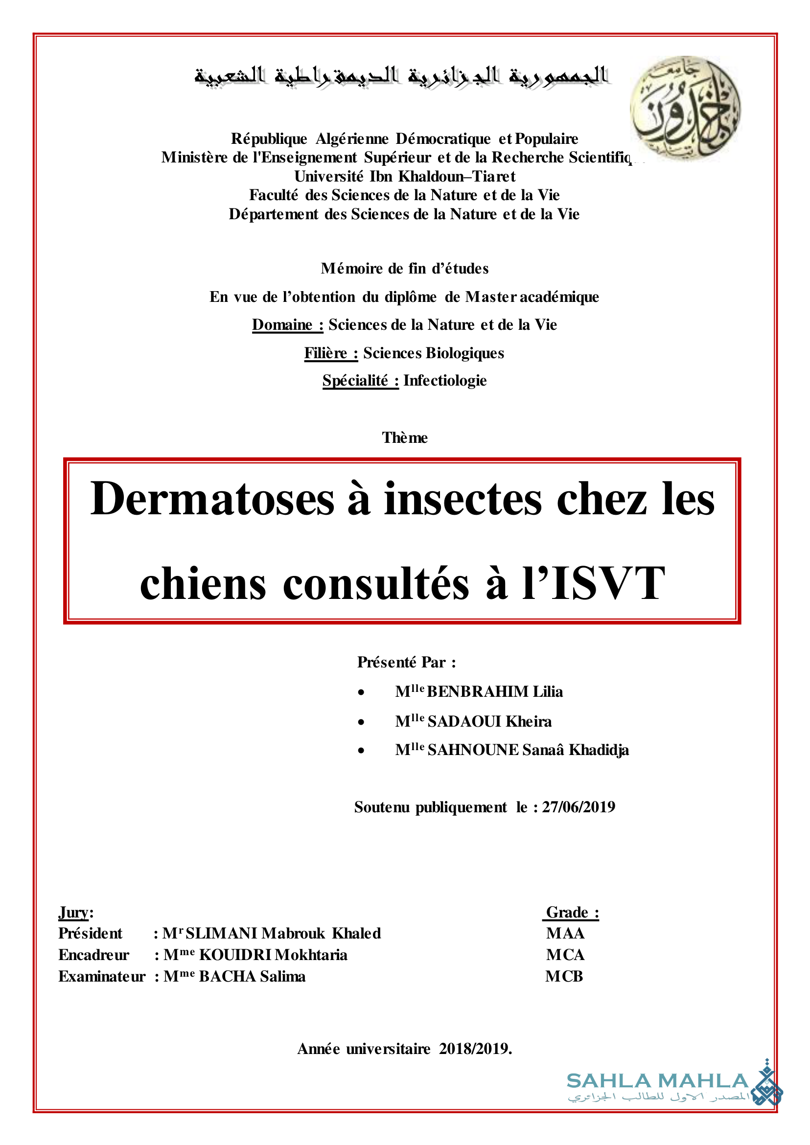 Dermatoses à insectes chez les chiens consultés à l'ISVT