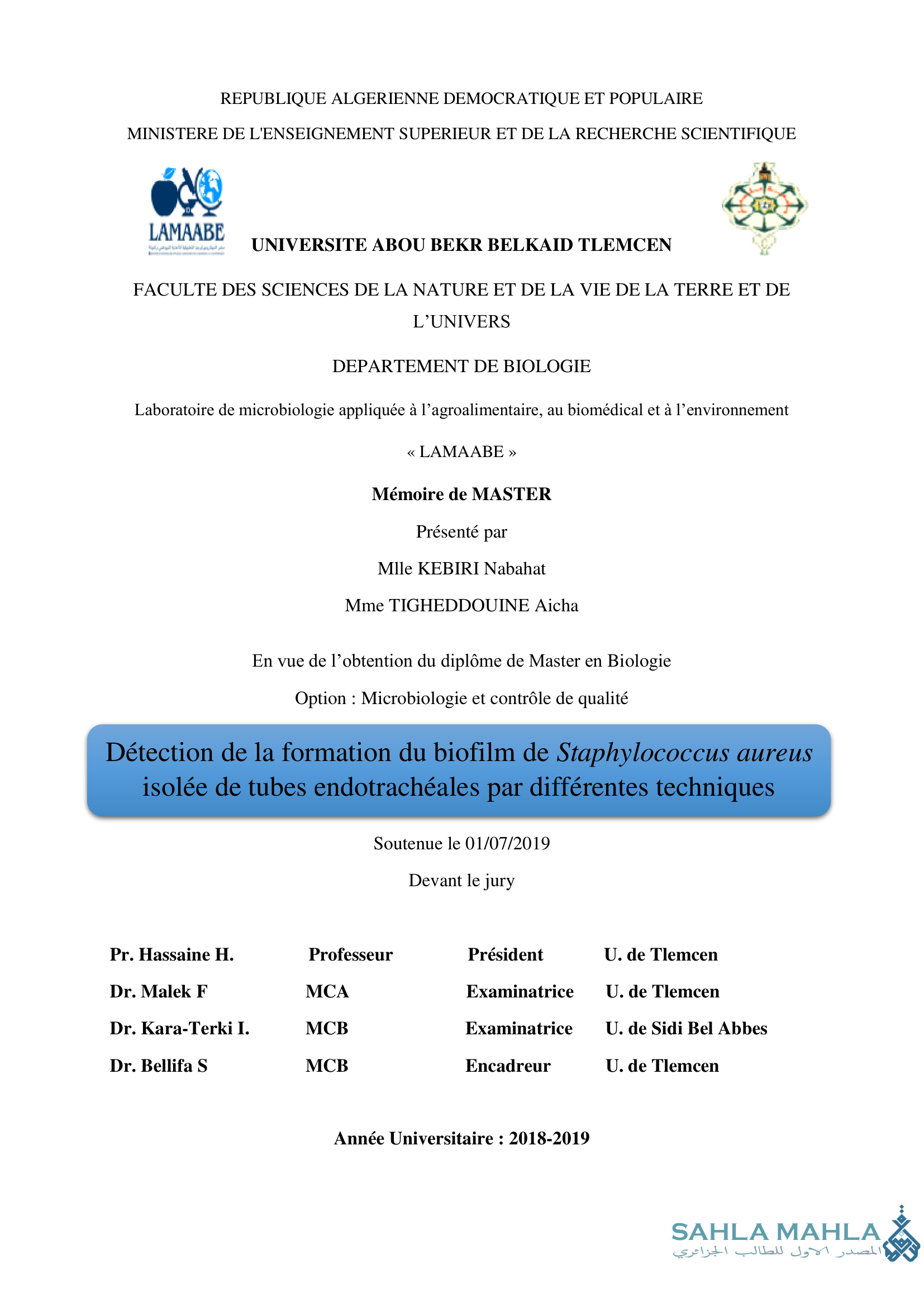 Détection de la formation du biofilm de Staphylococcus aureus isolée de tubes endotrachéales par différentes techniques