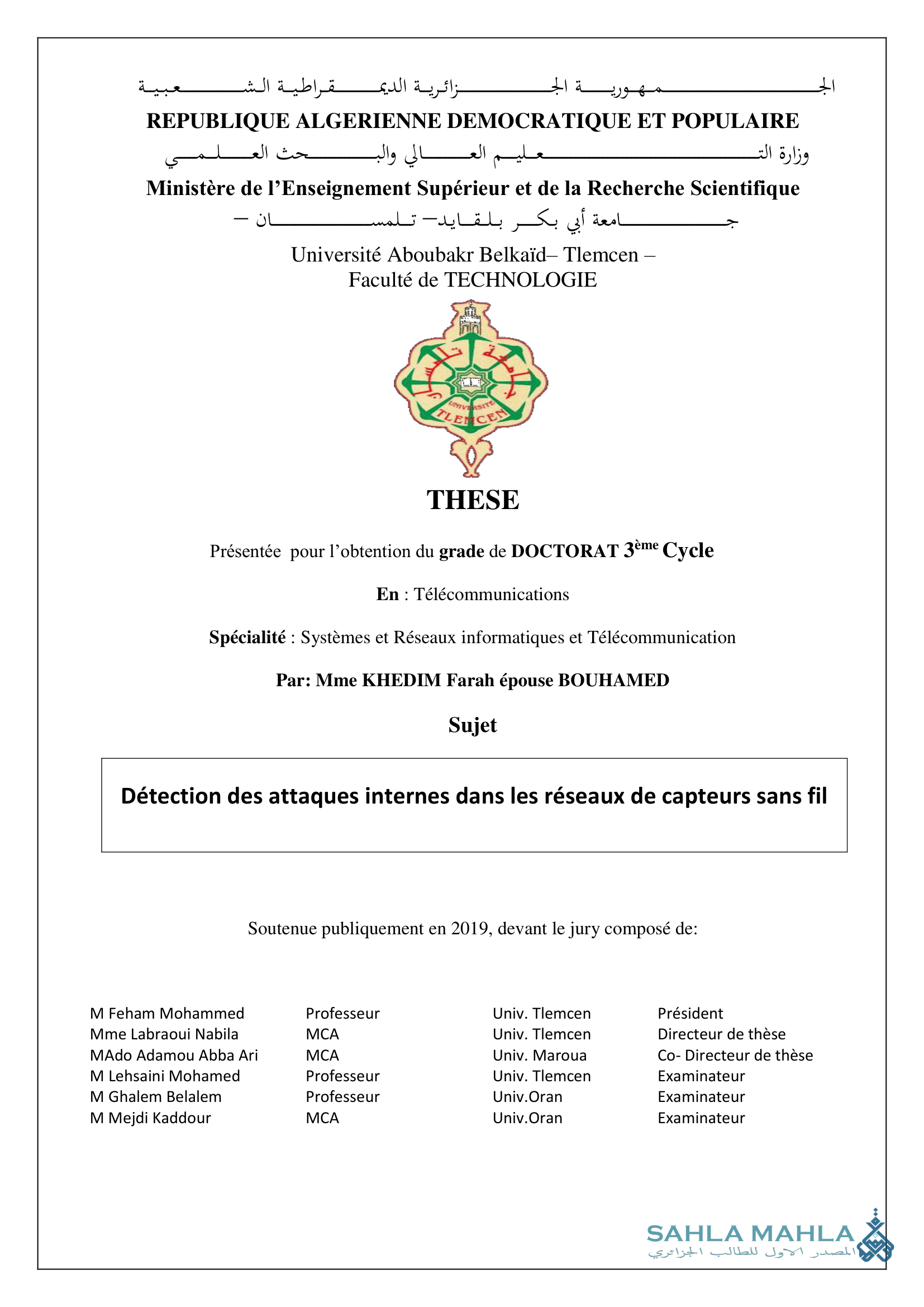 Détection des attaques internes dans les réseaux de capteurs sans fil