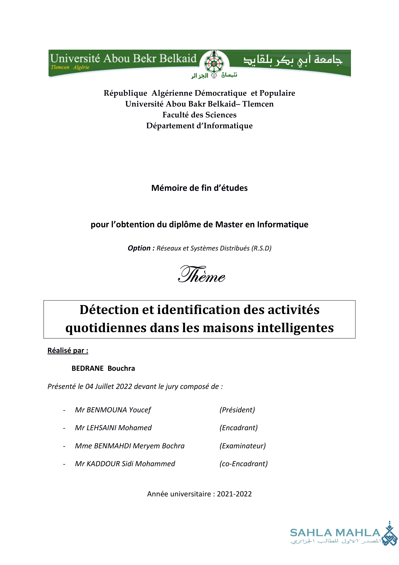 Détection et identification des activités quotidiennes dans les maisons intelligentes