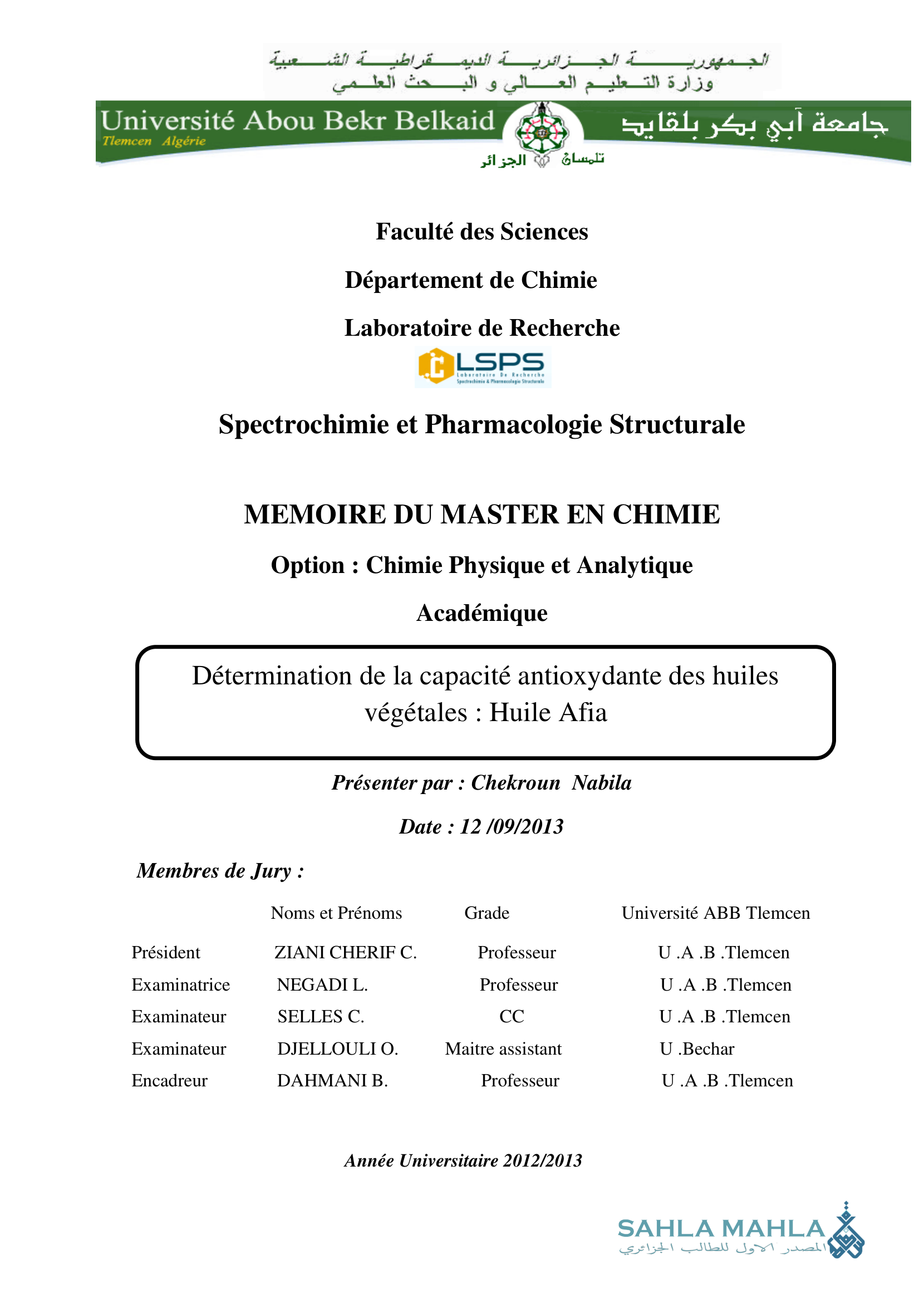Détermination de la capacité antioxydante des huiles végétales: Huile Afia