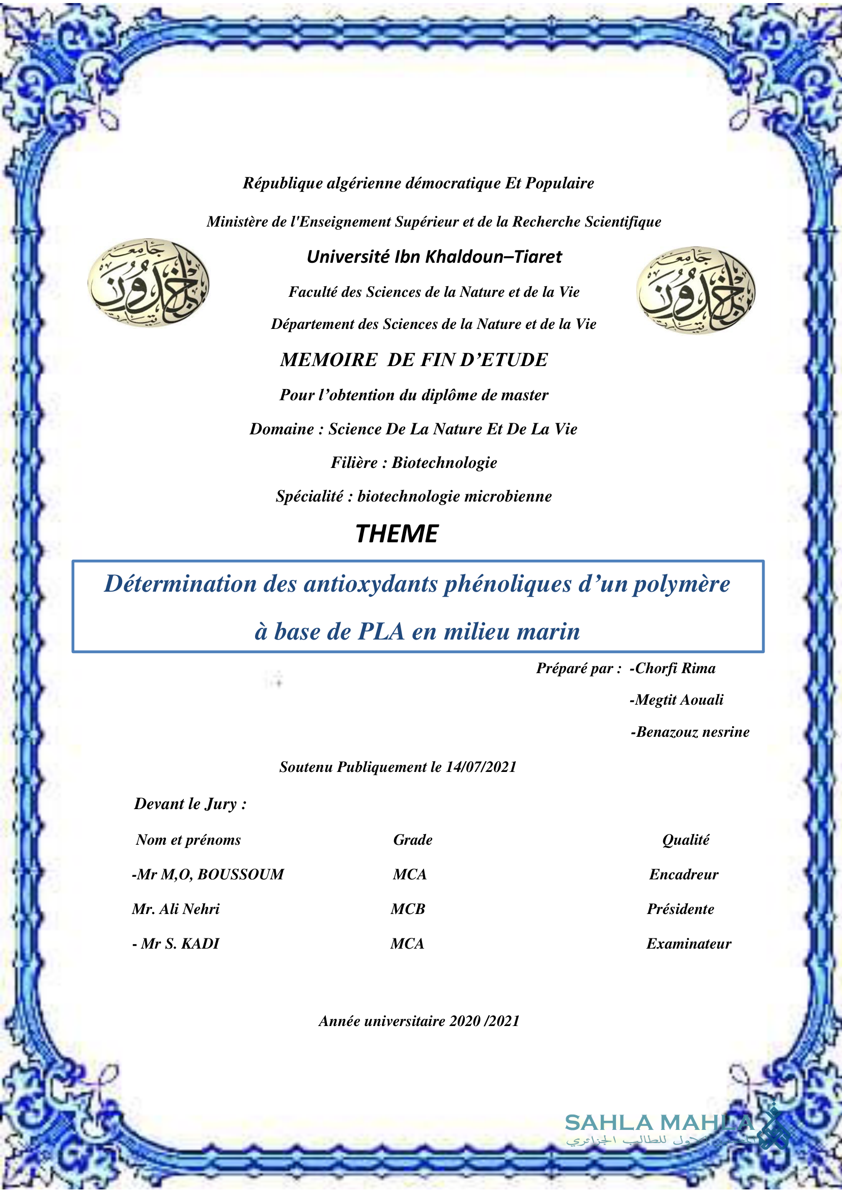 Détermination des antioxydants phénoliques d'un polymère à base de PLA en milieu marin