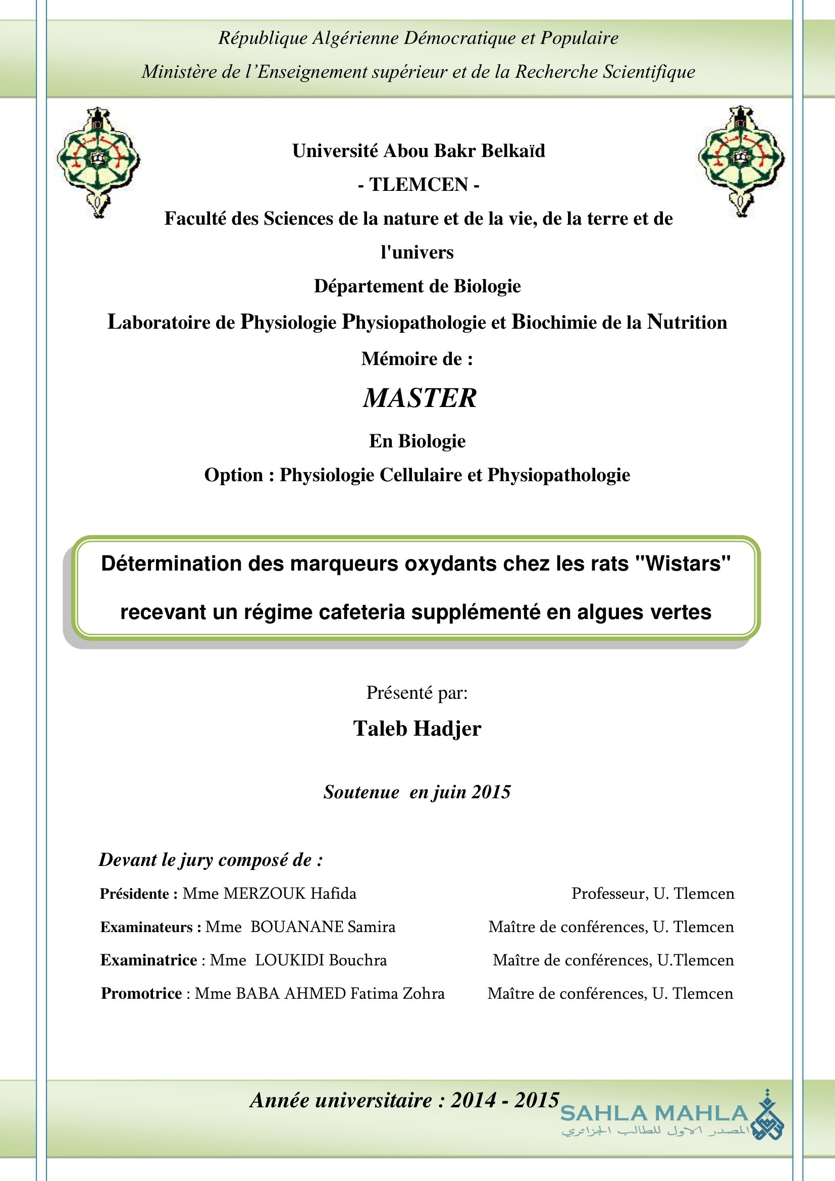 Détermination des marqueurs oxydants chez les rats 