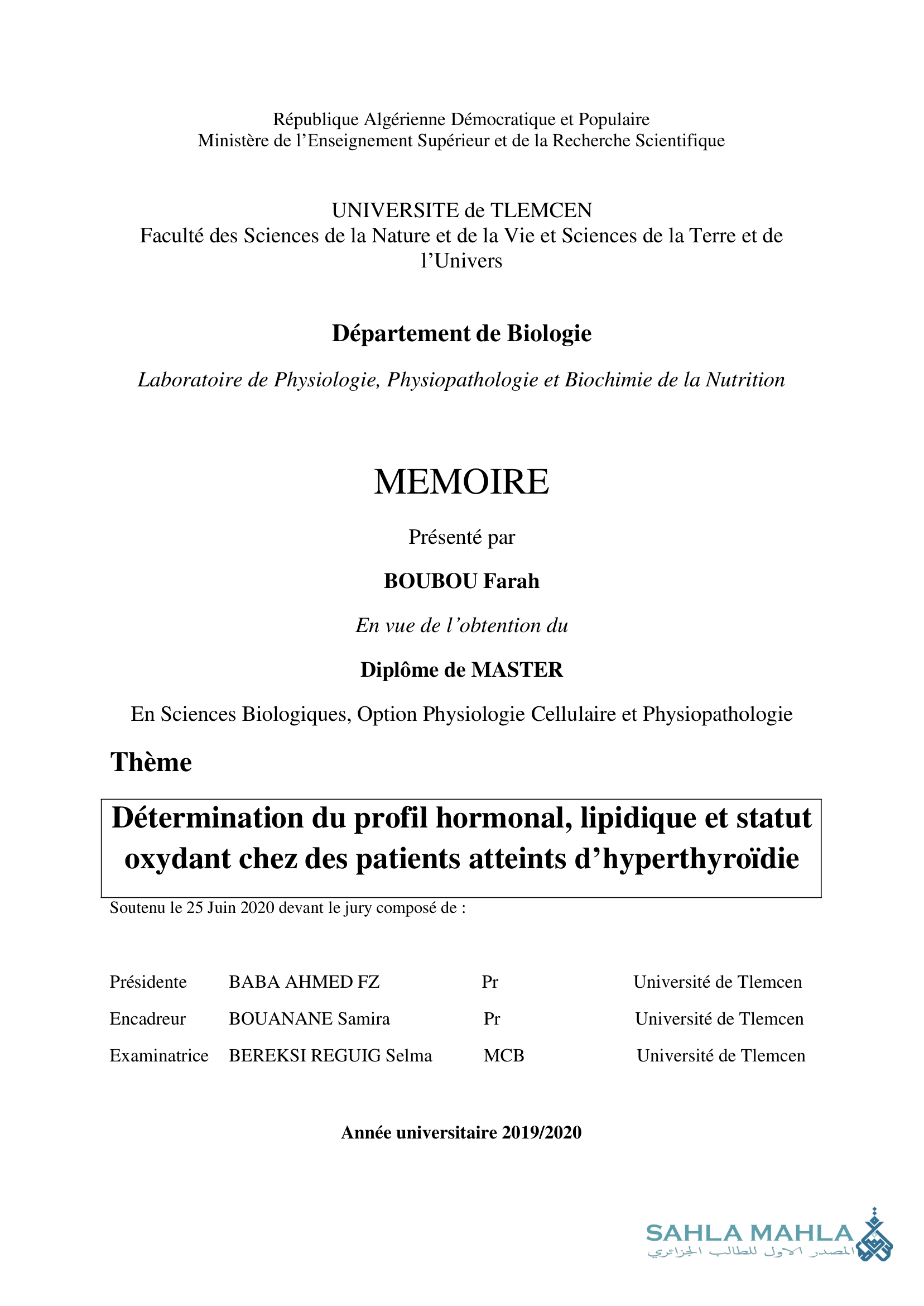 Détermination du profil hormonal, lipidique et statut oxydant chez des patients atteints d'hyperthyroïdie