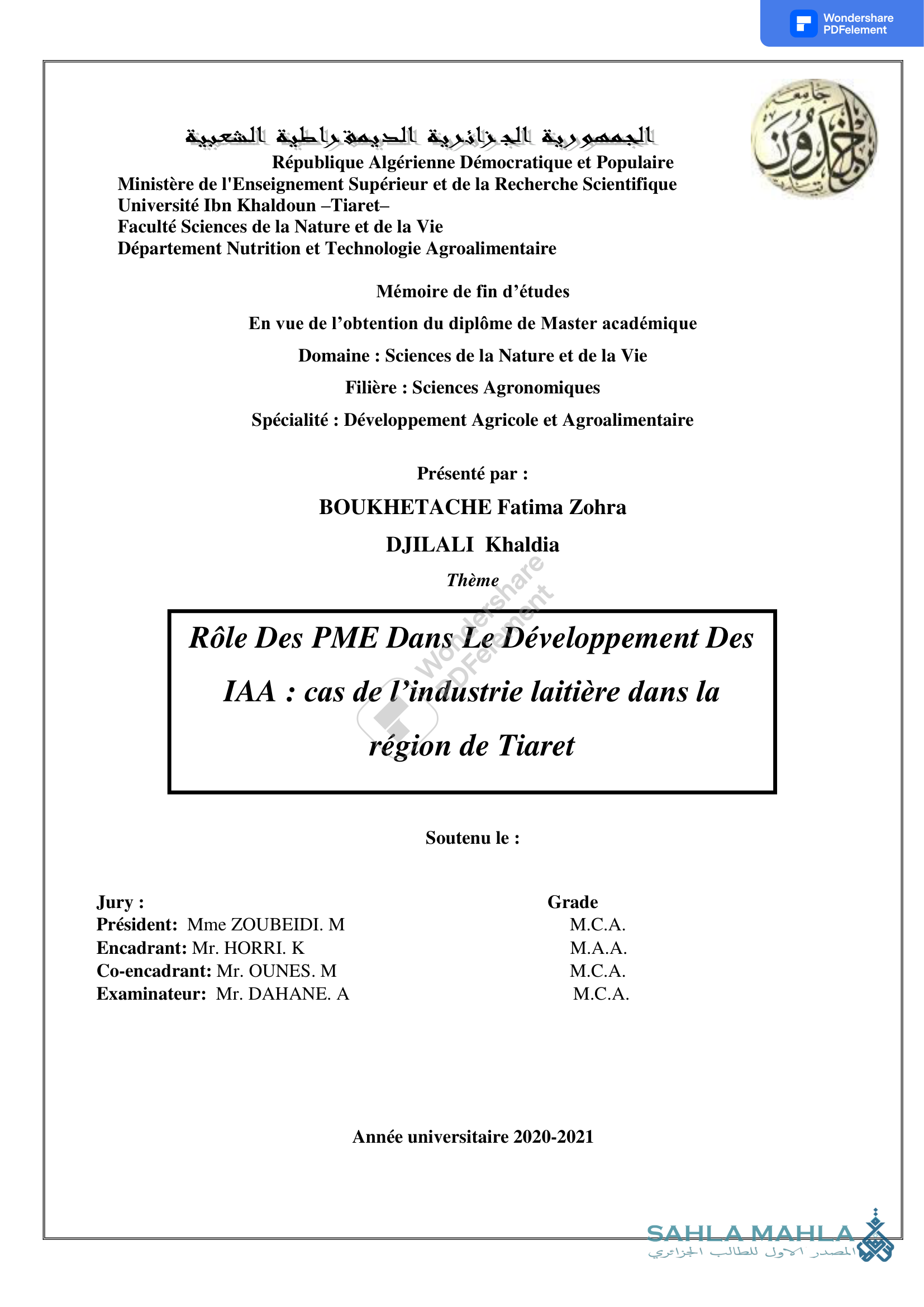 Développement Des IAA: cas de la filière laitière dans la région de Tiaret