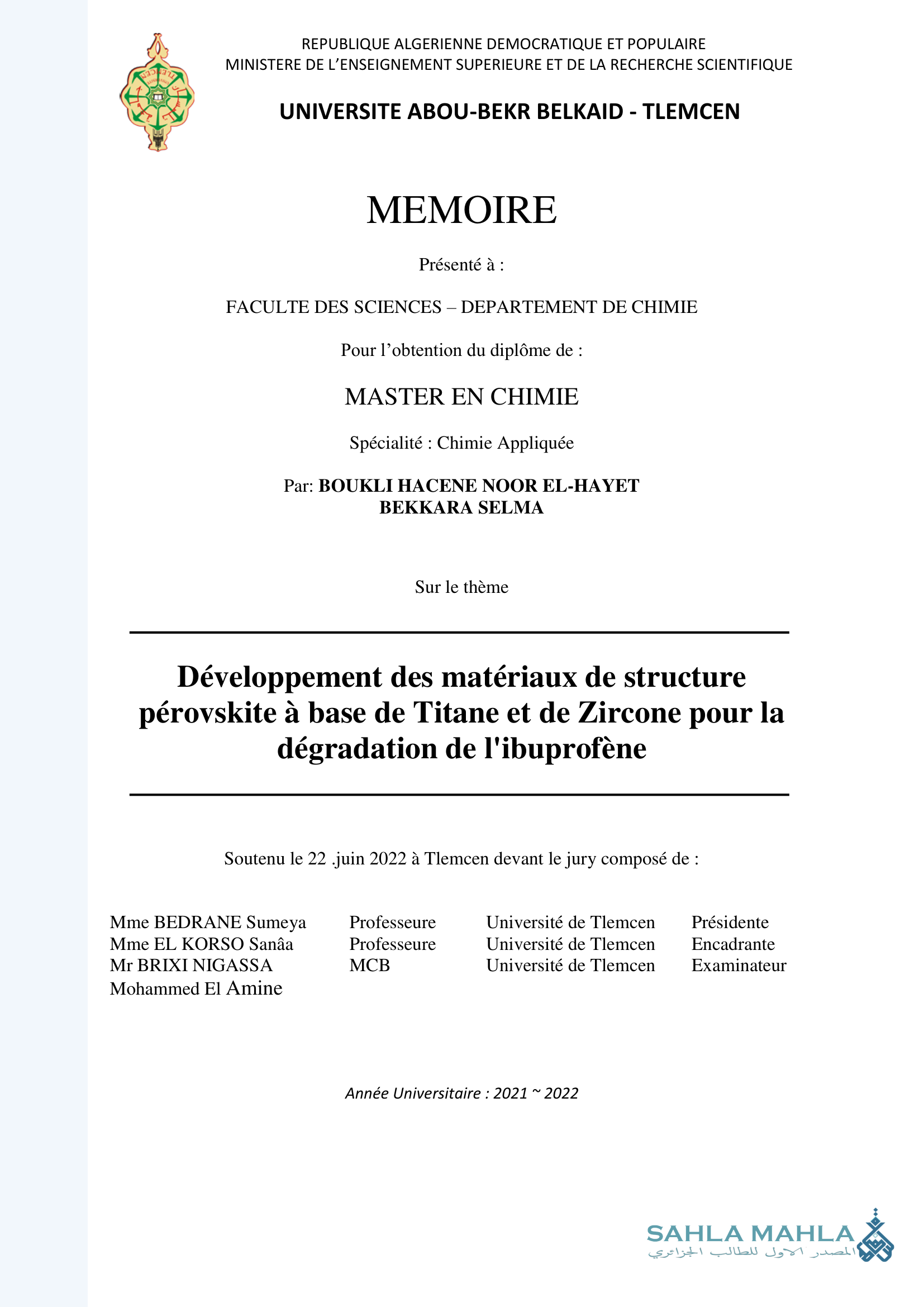 Développement des matériaux de structure pérovskite à base de Titane et de Zircone pour la dégradation de l'ibuprofène